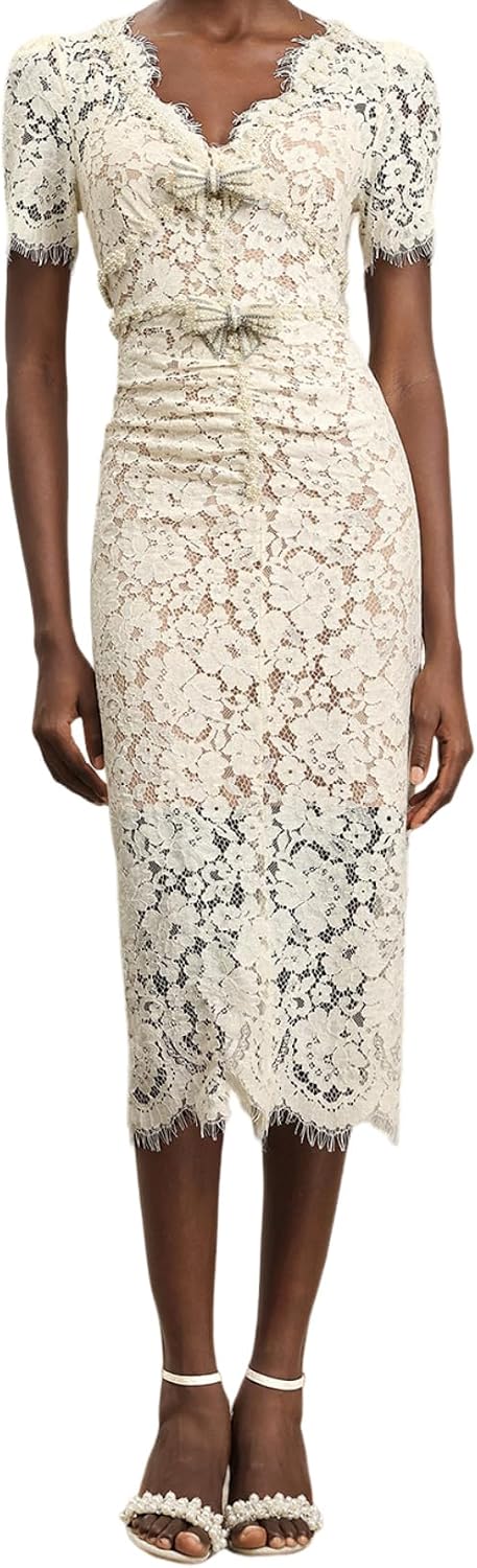 V Neck Short Sleeved Floral Bow Fastened Gathered Waist Fringe Lace Dress for Women Frayed Edge Garden