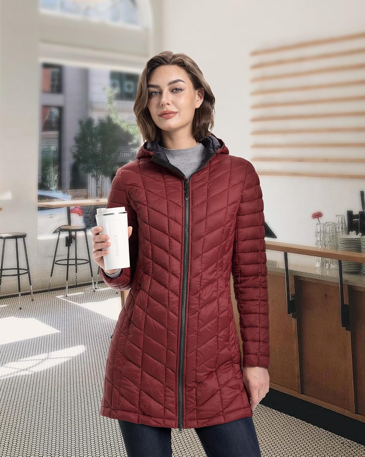 Women's Lightweight Hooded Diamond Quilted Puffer Coat Burgundy Women's Lightweight Hooded Diamond Quilted Puffer Coat Burgundy