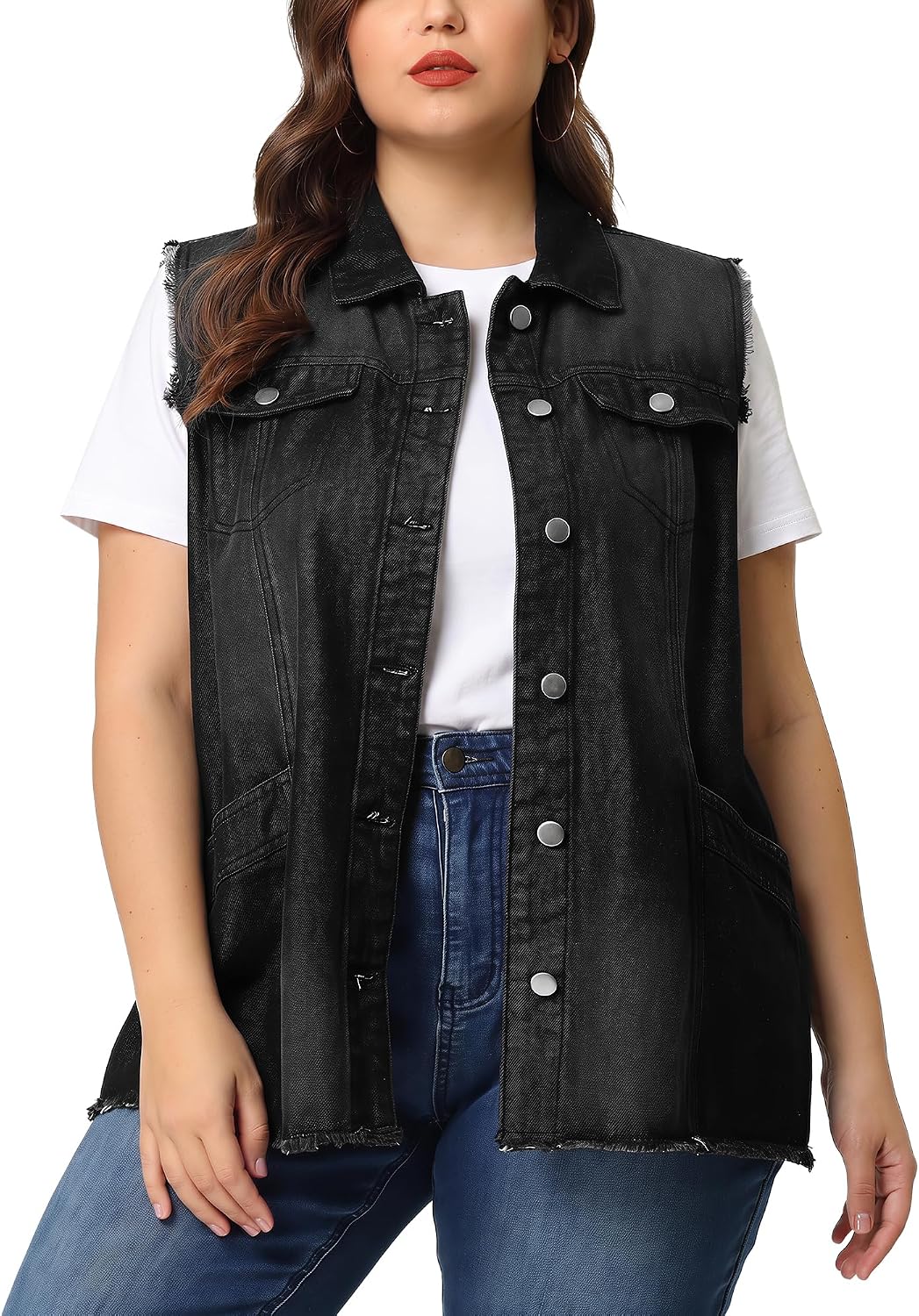 Women's Long Denim Vest Lapel Frayed Hem Washed Black