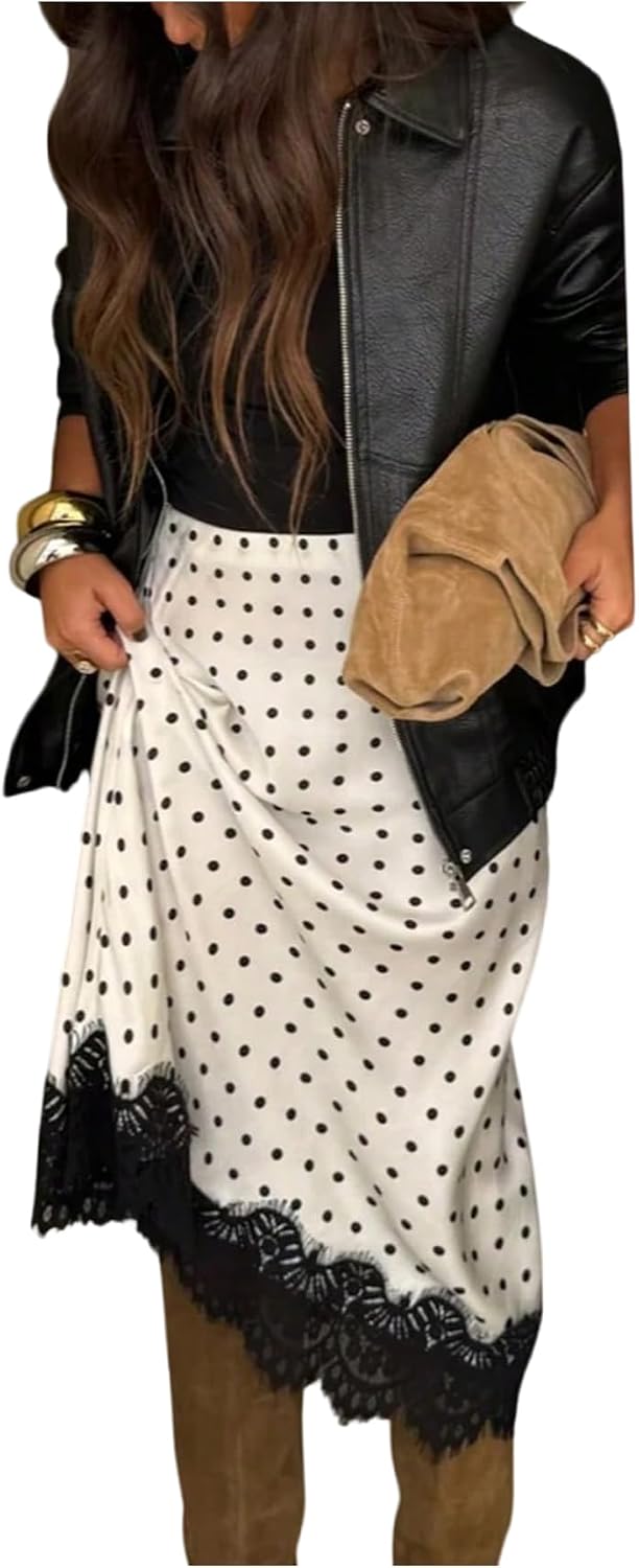 Women's Polka Dot Lace Hem Midi Skirt A-Line