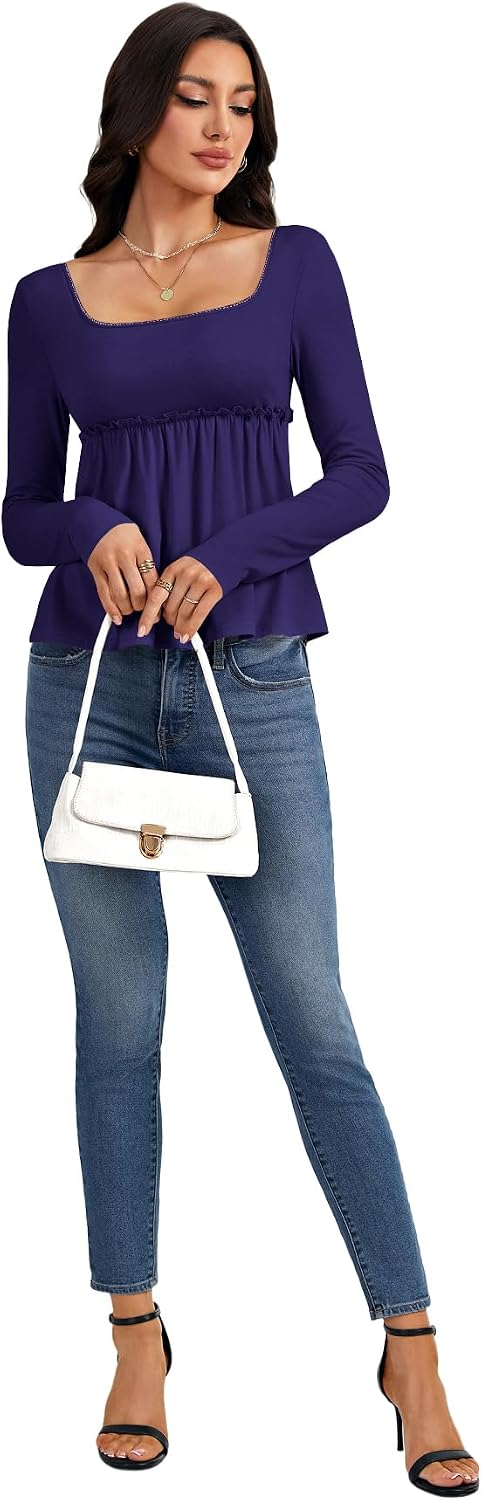 Women's Square Neck Long Sleeve Peplum Top Purple