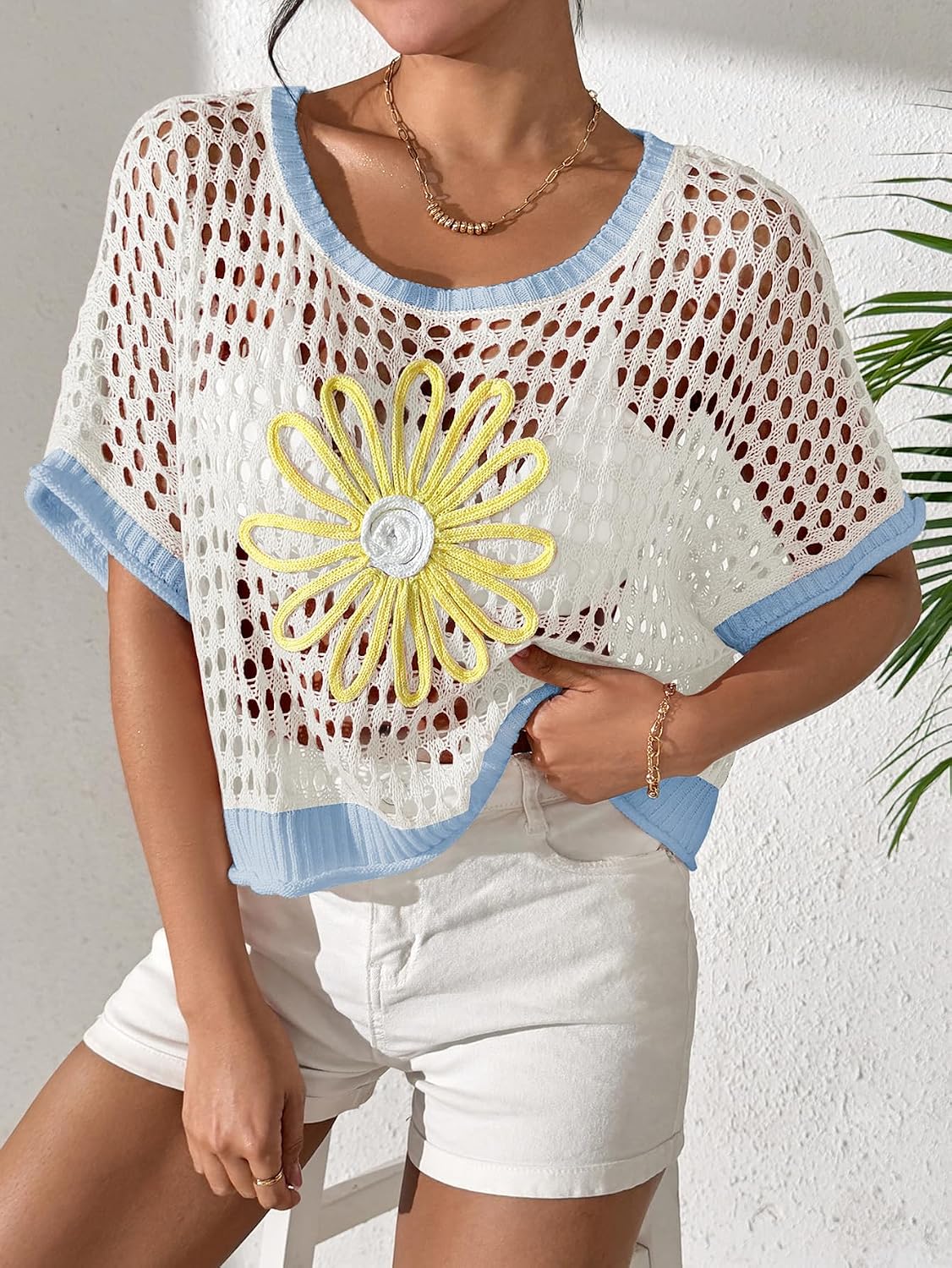 Women's Daisy Applique Open Knit Pullover