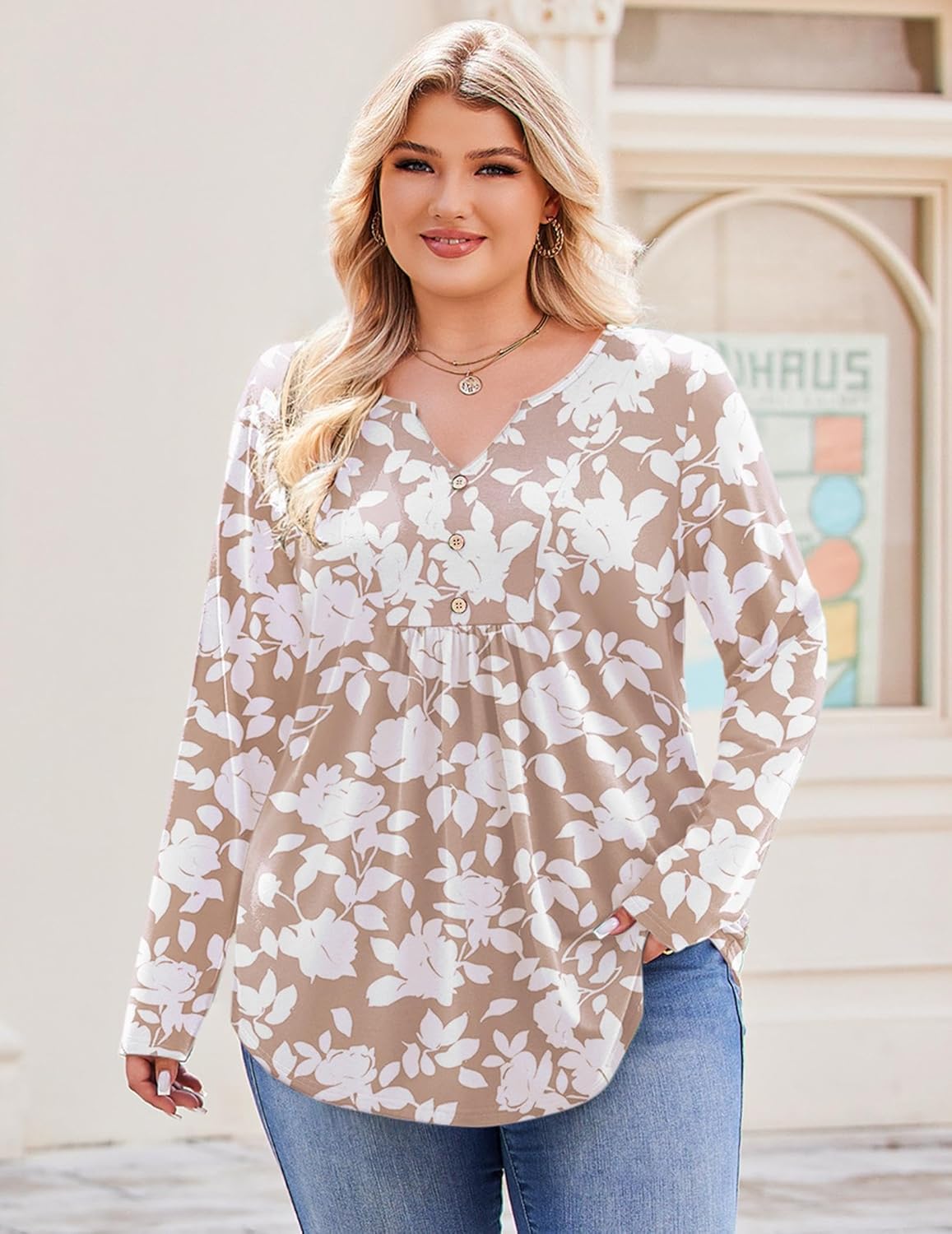 IN'VOLAND Womens Plus Size Long Sleeve Shirts Fall Tunic Top V-neck T-Shirt Button Up Dressy Blouse 1X-5X