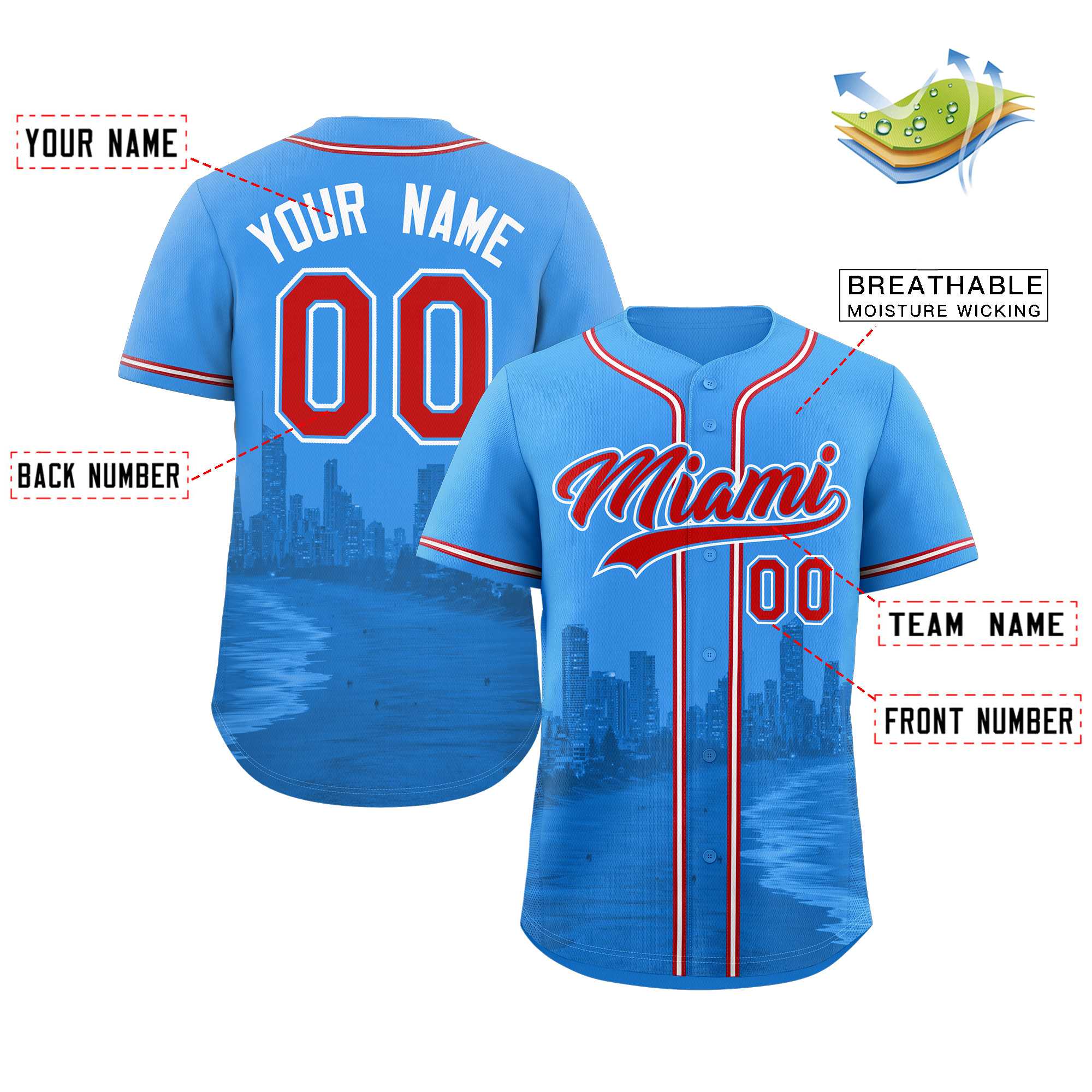 Benutzerdefiniertes rot-puderblaues Miami City Skyline Baseball-Trikot Benutzerdefiniertes rot-puderblaues Miami City Skyline Baseball-Trikot