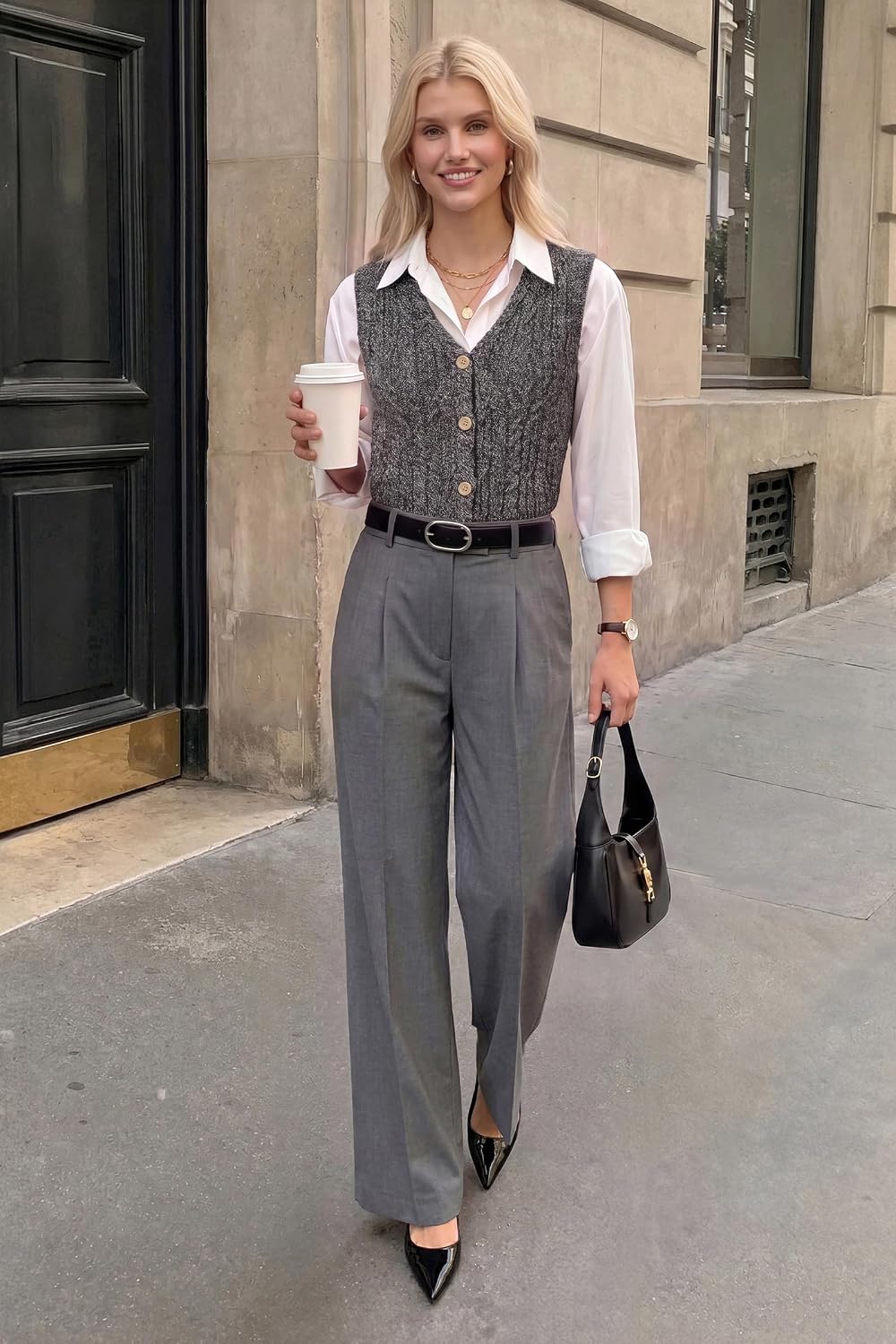 Women's Gray V Neck Button Front Sweater Vest