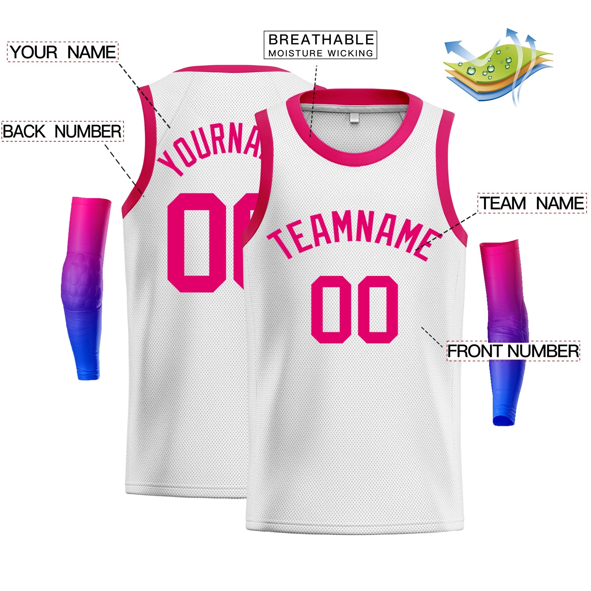 Maßgeschneidertes weißes PinkClassic Tops Mesh-Basketballtrikot Maßgeschneidertes weißes PinkClassic Tops Mesh-Basketballtrikot