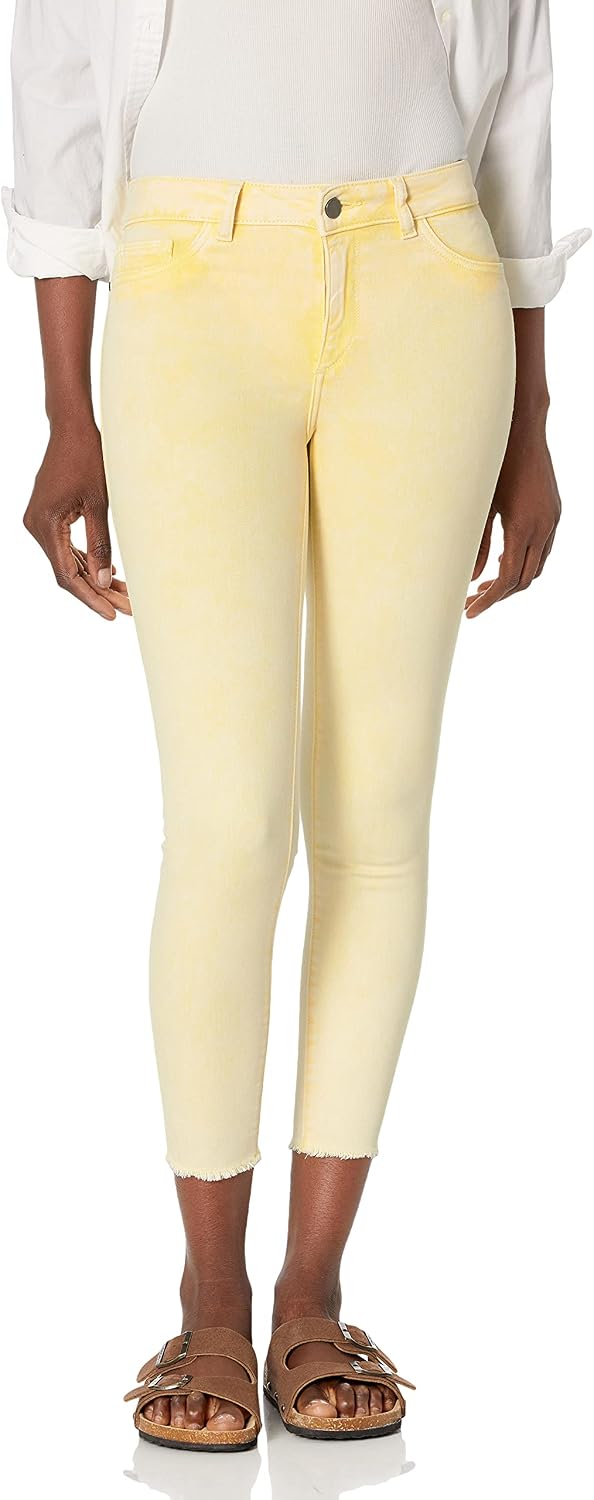 Women's Mid Rise Skinny Crop Jeans Yellow Raw Hem