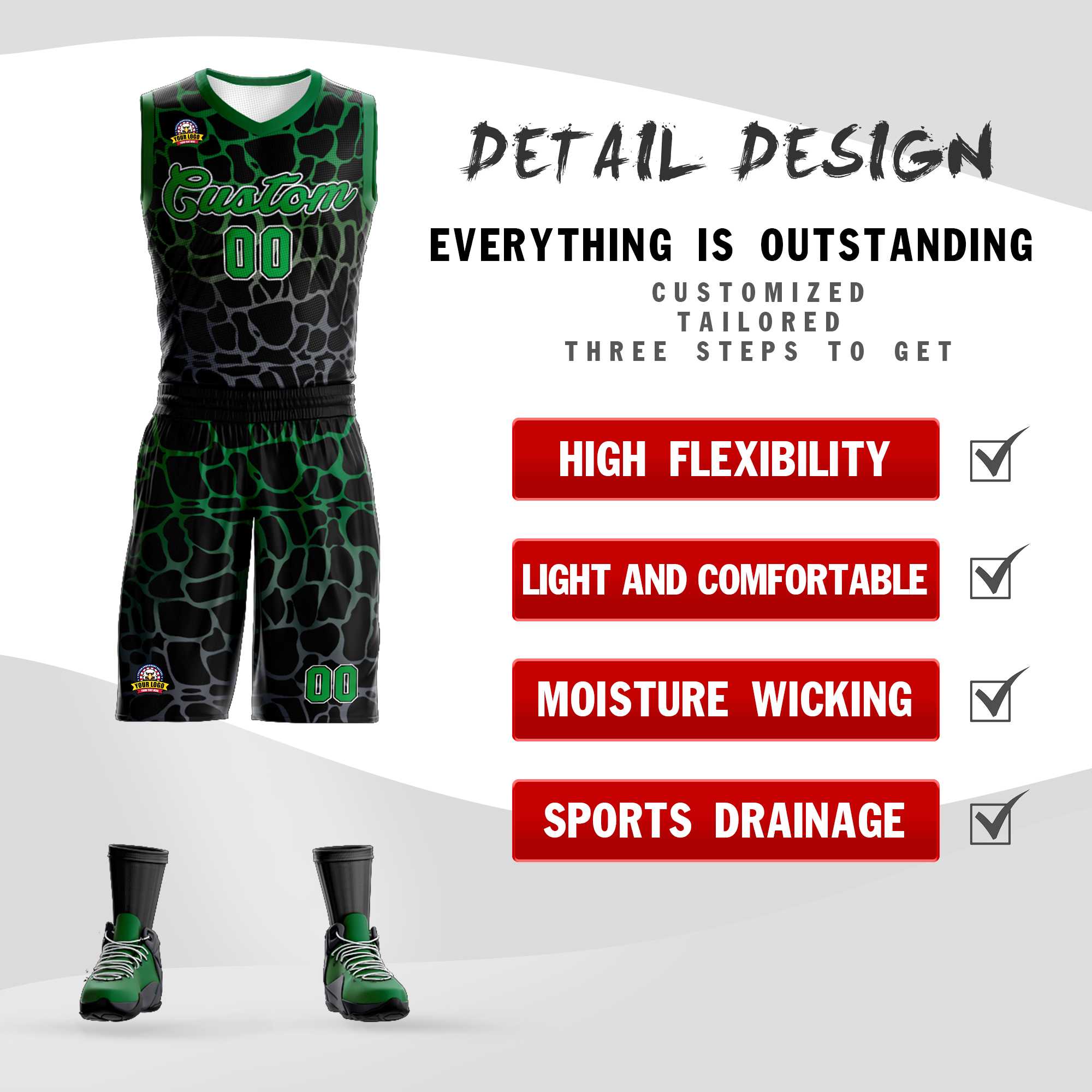 Kundenspezifisches schwarzes Kelly-Basketballtrikot mit grün-grau gepunktetem Graffiti-Muster für Sportuniformen
