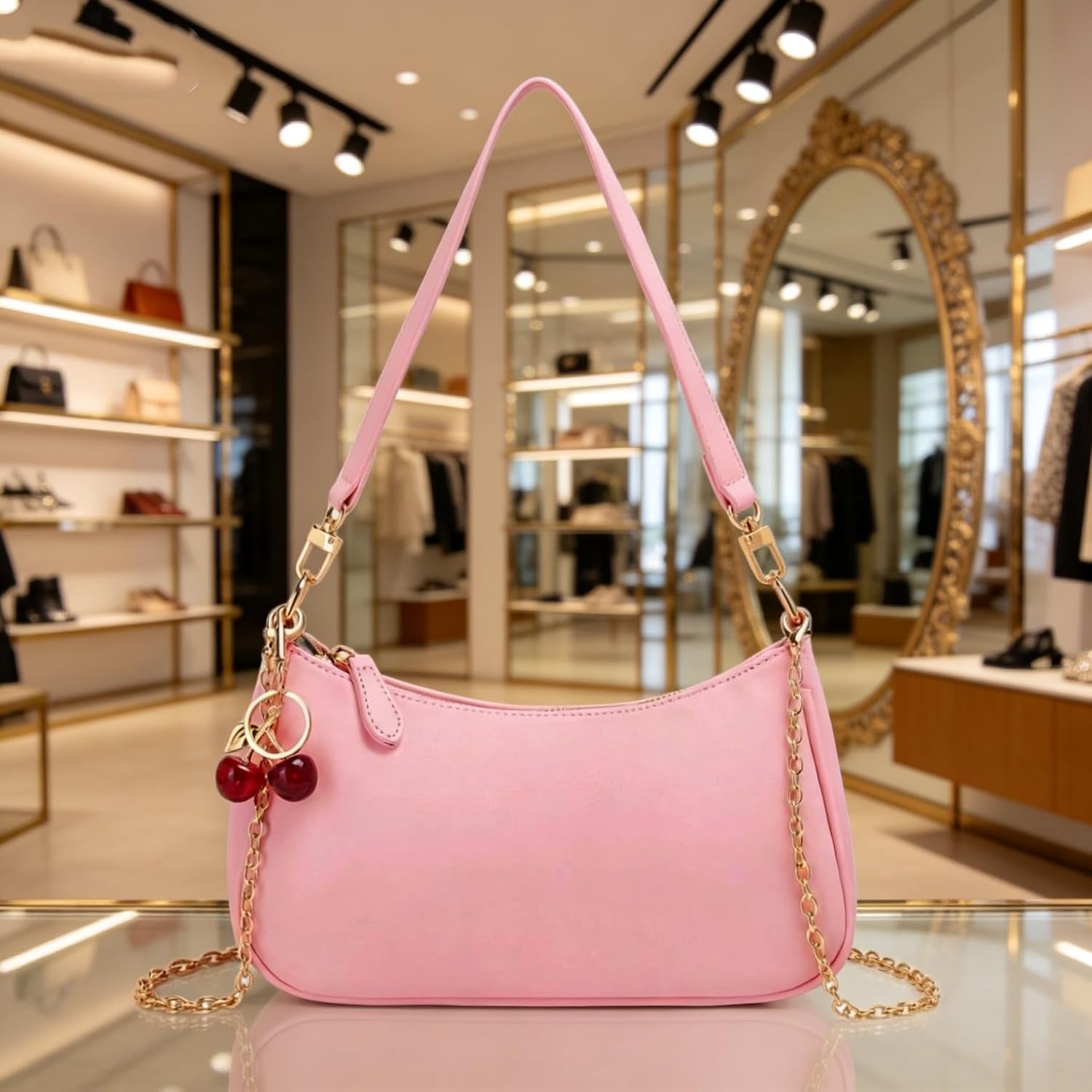Women's PU Crescent Shoulder Bag Cherry Charm Pink