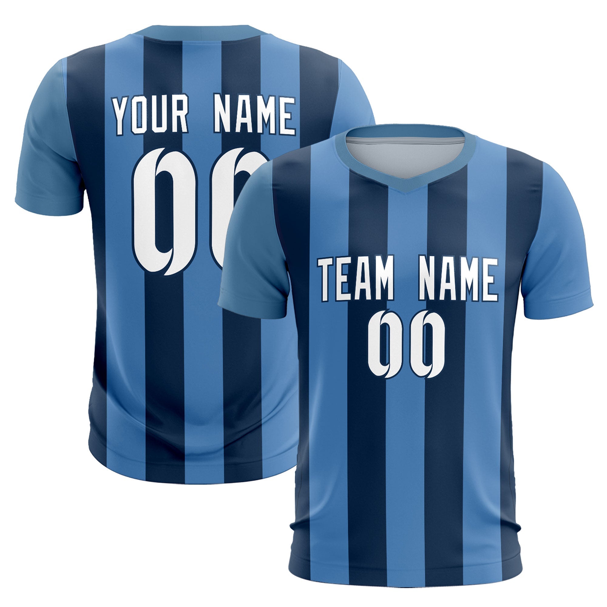 Benutzerdefinierte hellblaue mitternachtsblaue vertikale Streifen, lässiges Outdoor-Fußball-Set-Trikot