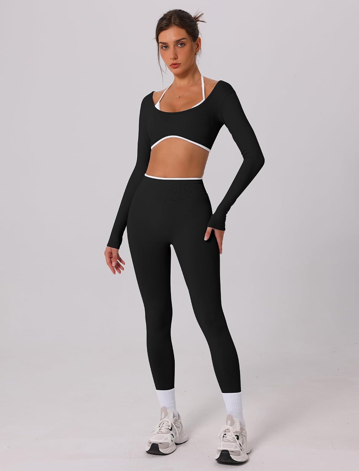 Women's Long Sleeve Crop Top and Leggings Set Black