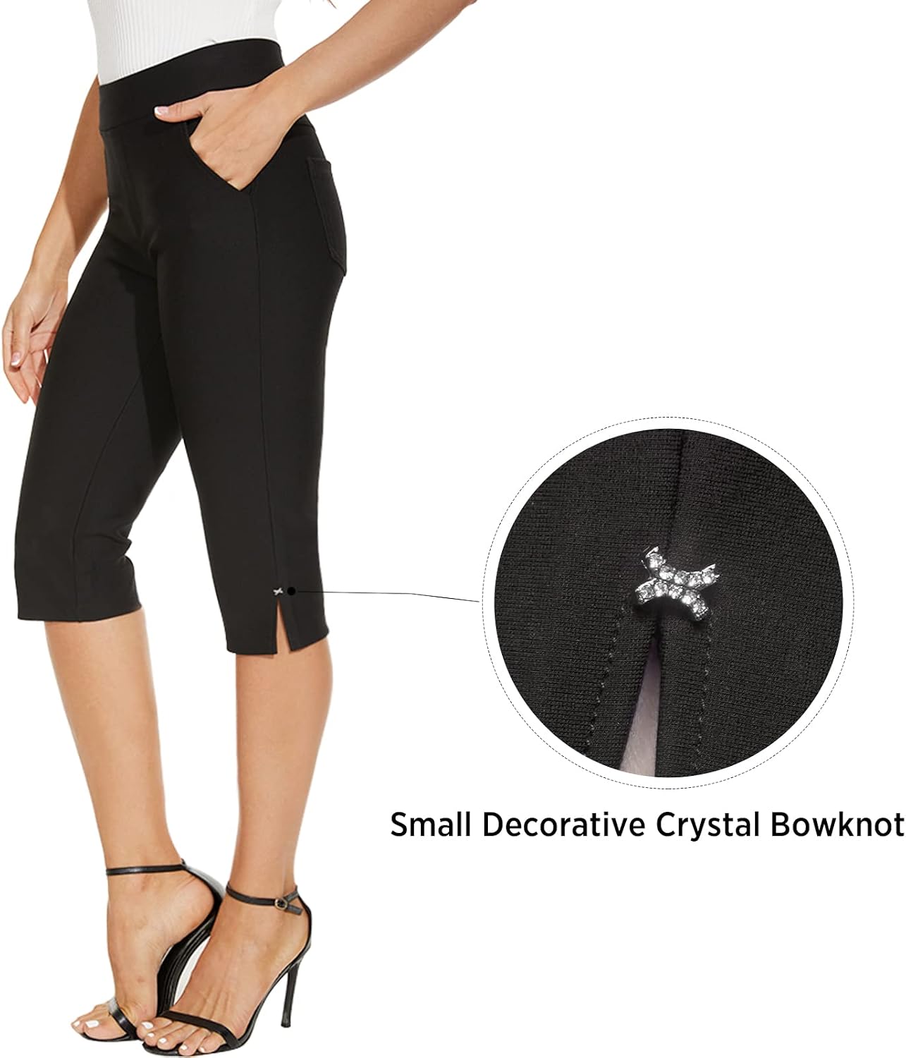 Women's High Waist Capri Pants with Pockets (Black)