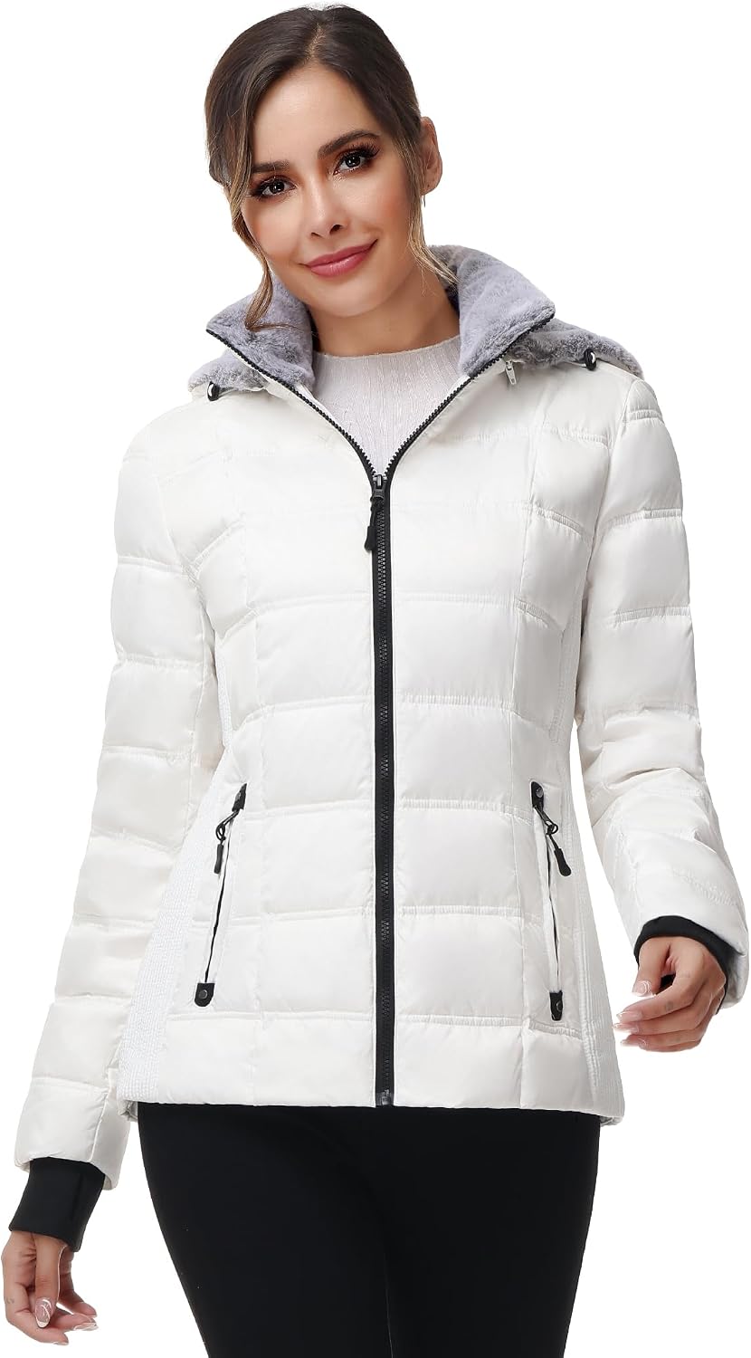 Women's White Short Puffer Jacket Fleece-Lined Hood