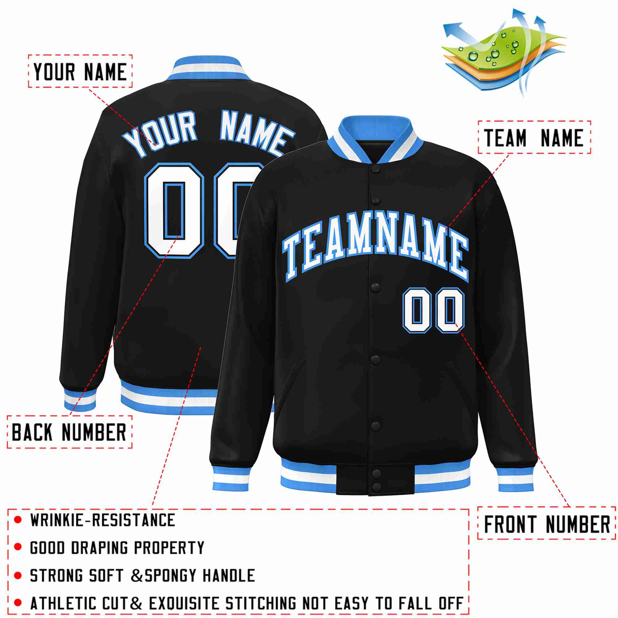 Custom White-Powder Blue Classic Style Varsity Full-Snap Letterman Jacket