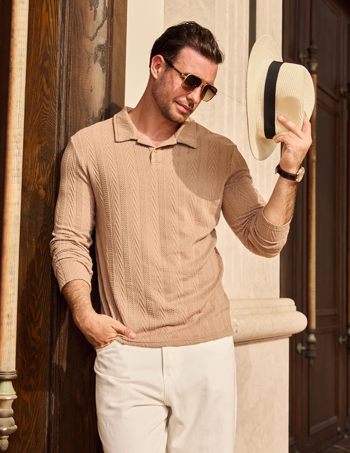 Men's Long Sleeve Textured Knit Polo Shirt Khaki Men's Long Sleeve Textured Knit Polo Shirt Khaki