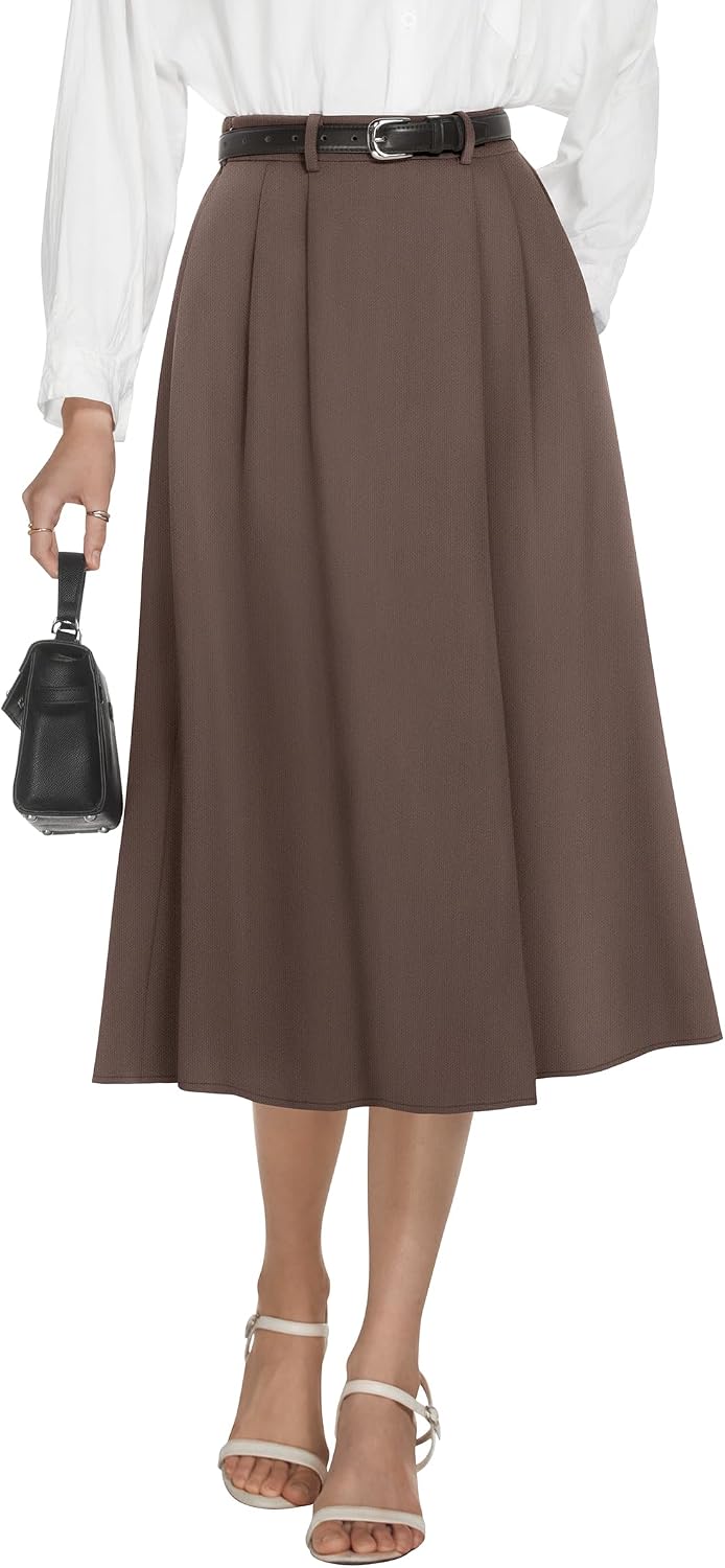 Women's High Waisted Midi Skirts Summer Business Skirt Flare Work A Line Pleated with Pockets