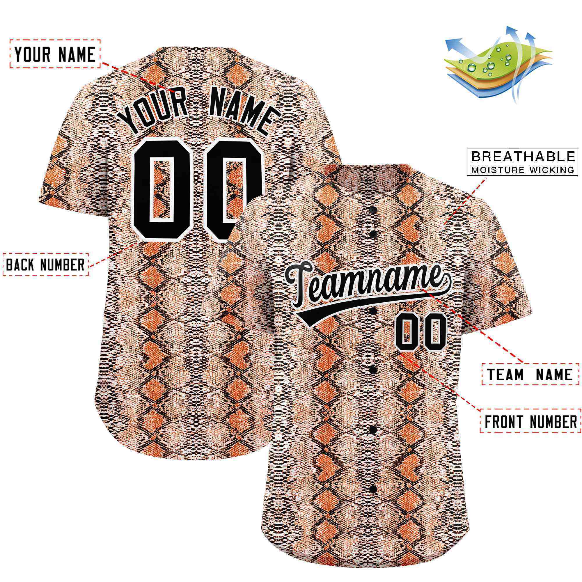 Benutzerdefiniertes authentisches Baseball-Trikot mit mehrfarbigem Schlangenledermuster