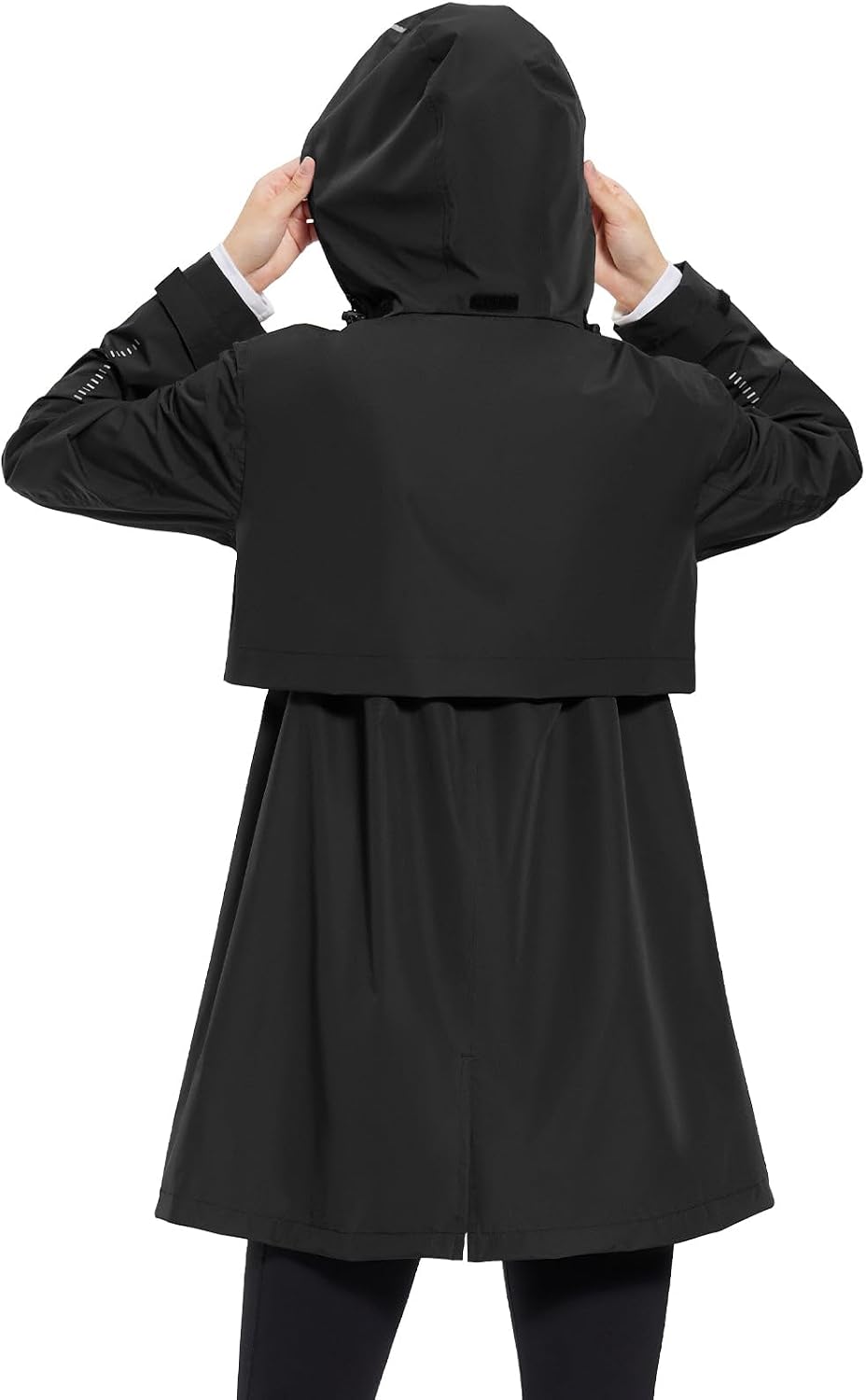 Women's Long Waterproof Rain Coat Packable Hood Black
