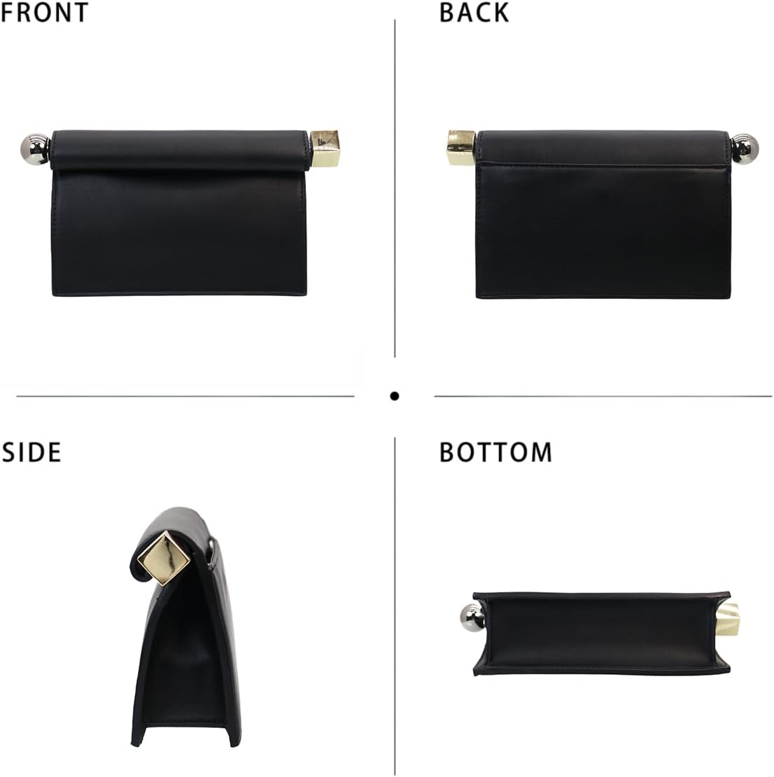 Women's Foldover Clutch Purse Metal Bar Evening Bag Black Women's Foldover Clutch Purse Metal Bar Evening Bag Black