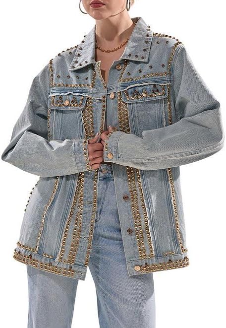 Women's Gold Studded Oversized Denim Jacket Light Wash