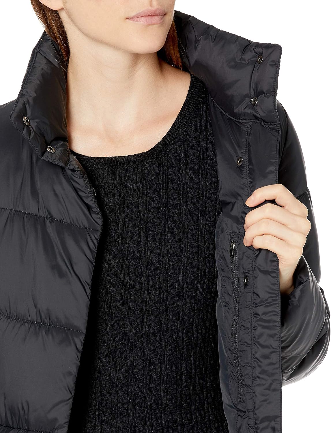 Women's Long Quilted Puffer Coat Snap Front Black