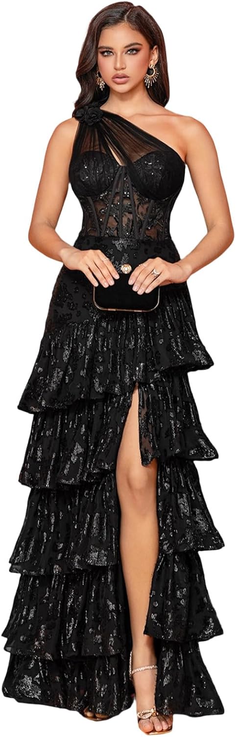 One-Shoulder Wedding Guest Dress with High Slit Semi-Sheer Embroidery Tiered Ball Gown for Party Cocktail