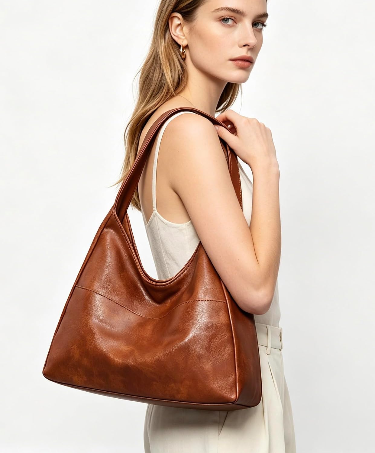 Women's Brown Vegan Leather Hobo Tote Bag Key Leash