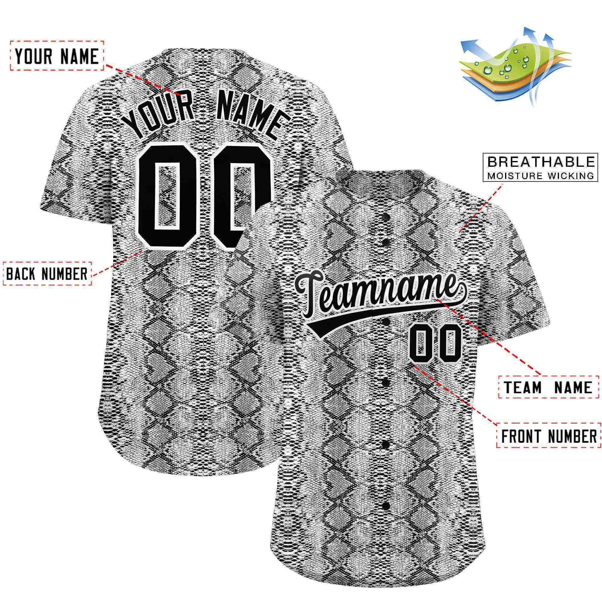 Benutzerdefiniertes authentisches Baseball-Trikot mit mehrfarbigem Schlangenledermuster