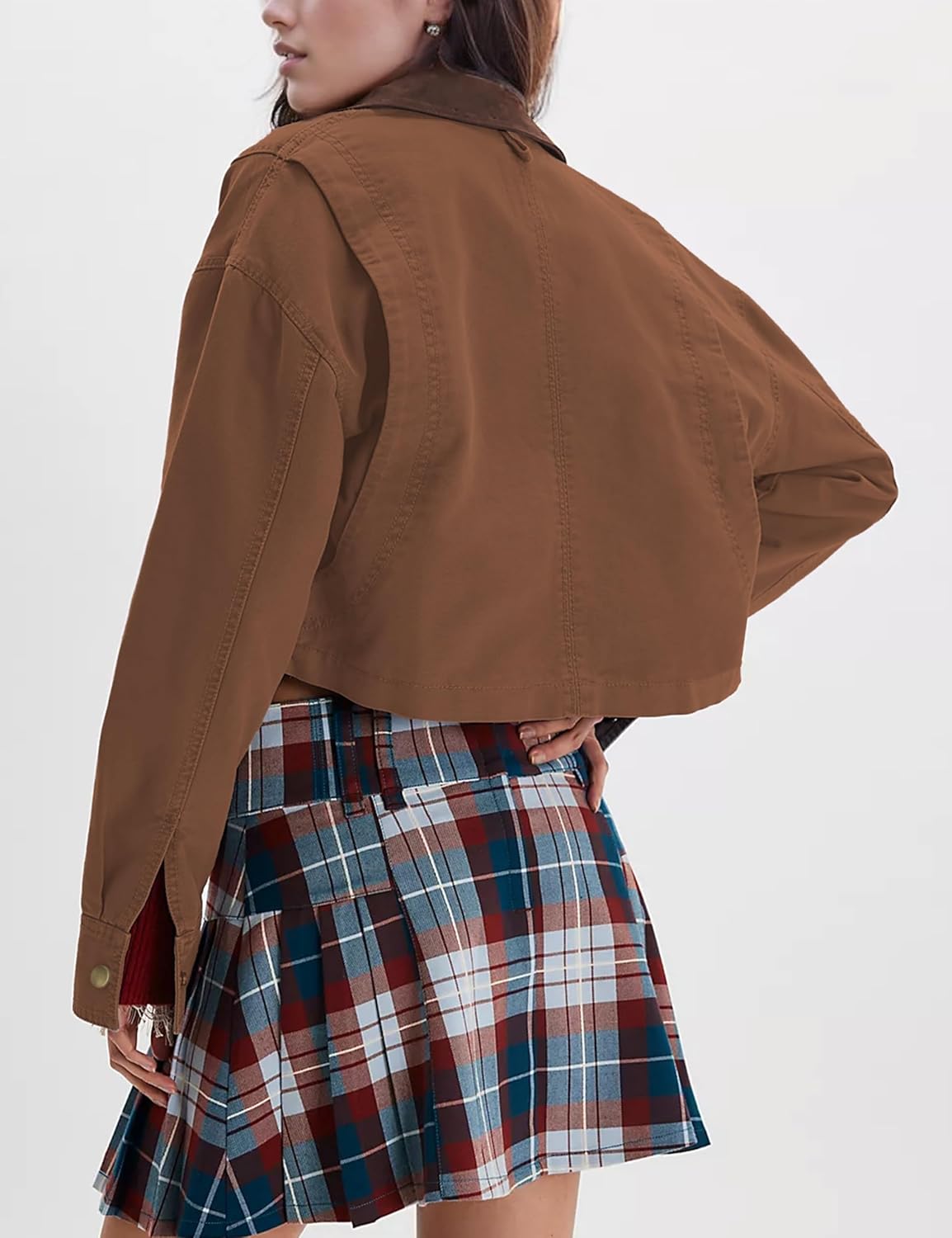 Barn Jackets for Women Contrast Collar Utility Coat Cargo Jacket Cropped with Pockets Outwear