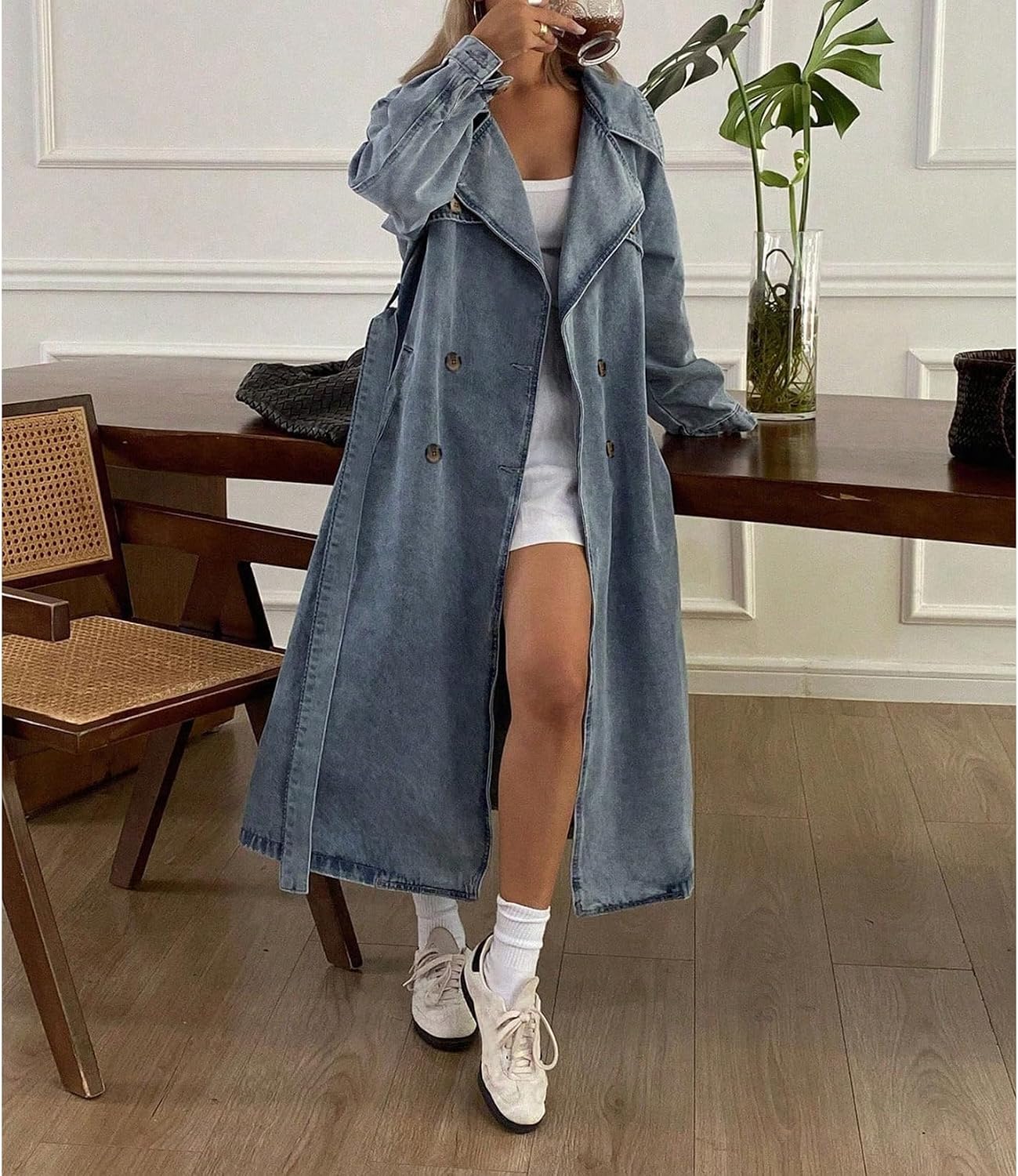 Women's Denim Trench Coat Long Sleeve Lapel Collar Double Breasted Belted Oversized Maxi Jean Jacket Duster Women's Denim Trench Coat Long Sleeve Lapel Collar Double Breasted Belted Oversized Maxi Jean Jacket Duster