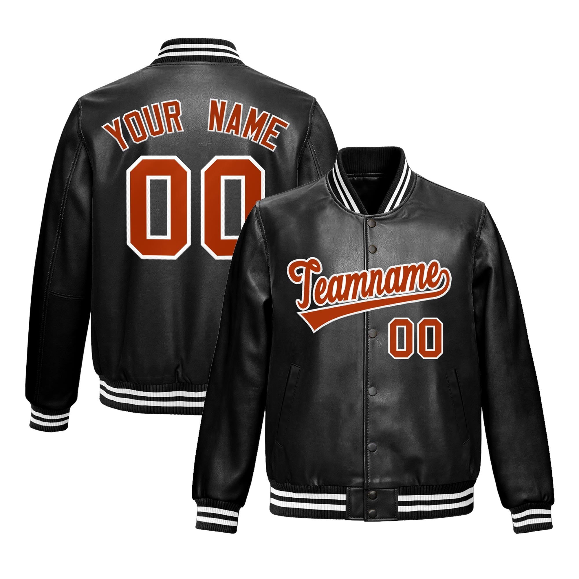Custom Black Dark Orange White Full-Snap Varsity Faux Leather Letterman Jacket
