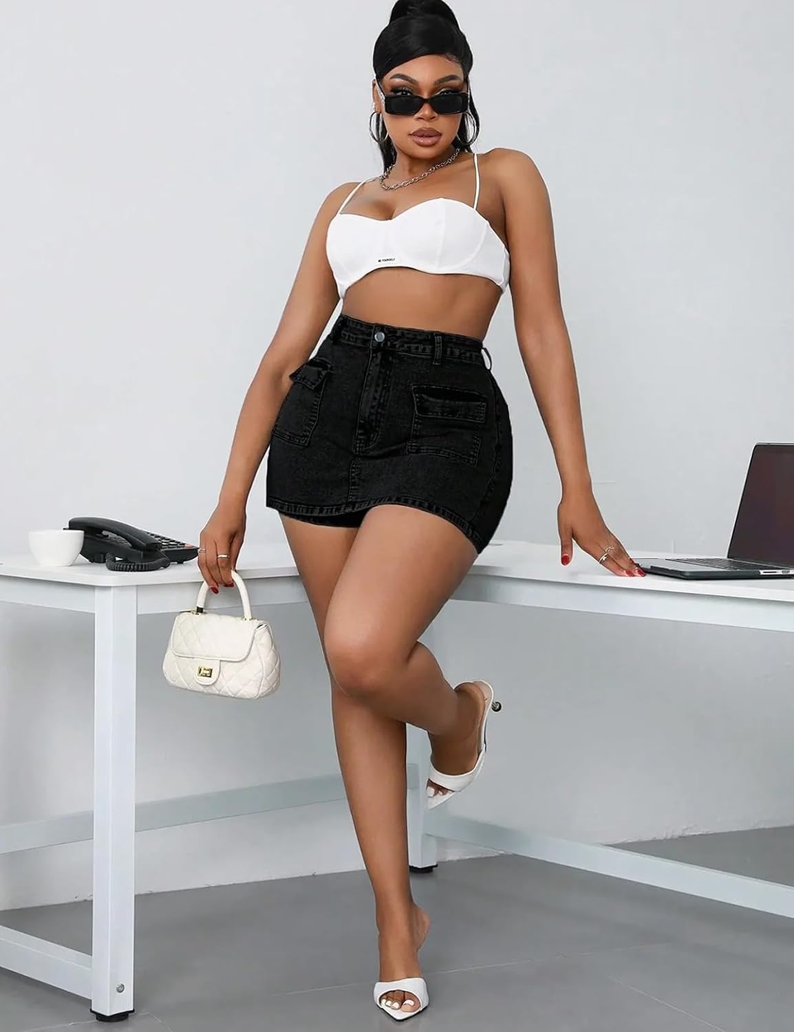Women's High Waisted Cargo Denim Skort Black