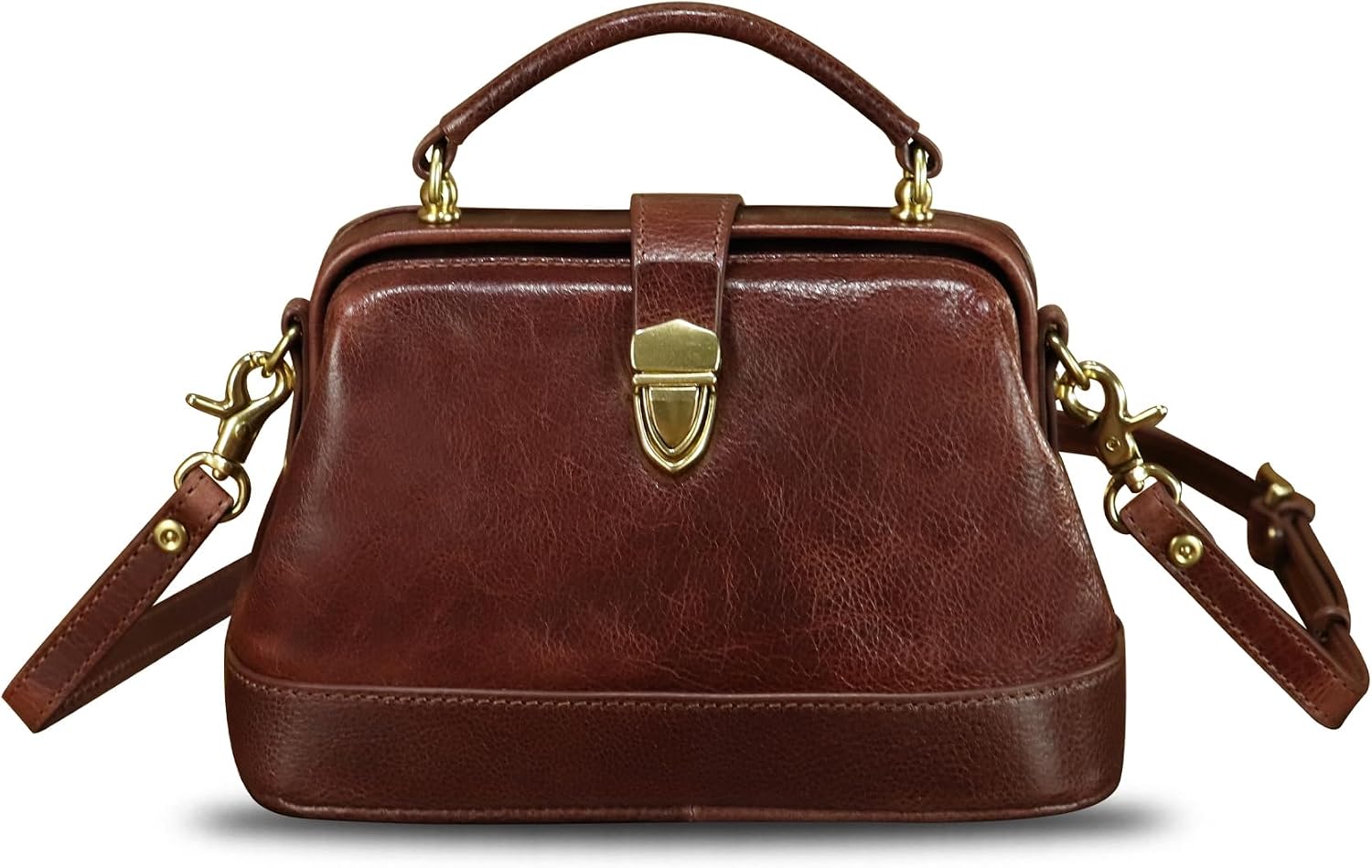 Women's Vintage Genuine Leather Kiss Lock Doctor Bag Brown