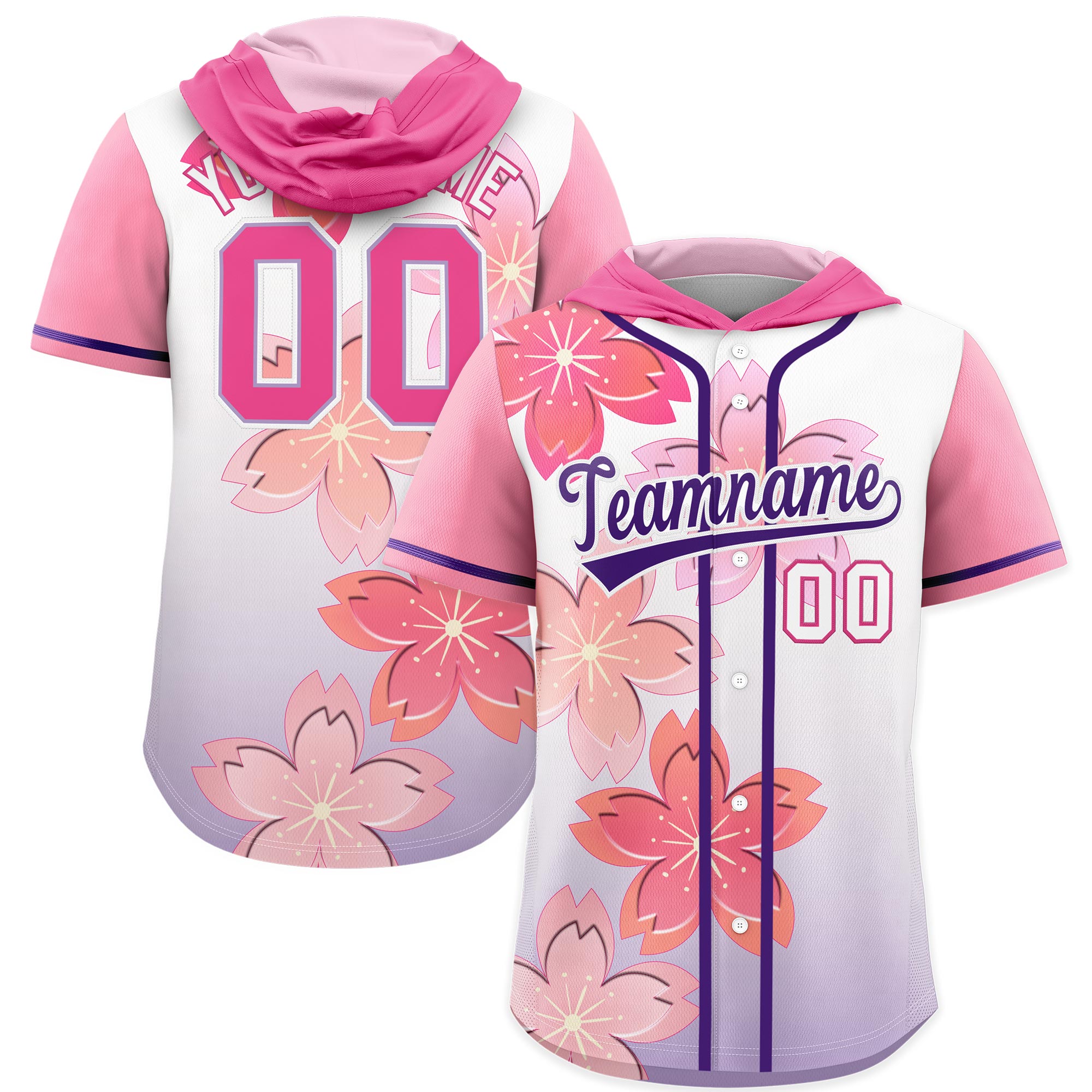 Benutzerdefiniertes Kirschblüten-Raglanärmel-atmungsaktives Baseball-Kapuzentrikot Benutzerdefiniertes Kirschblüten-Raglanärmel-atmungsaktives Baseball-Kapuzentrikot