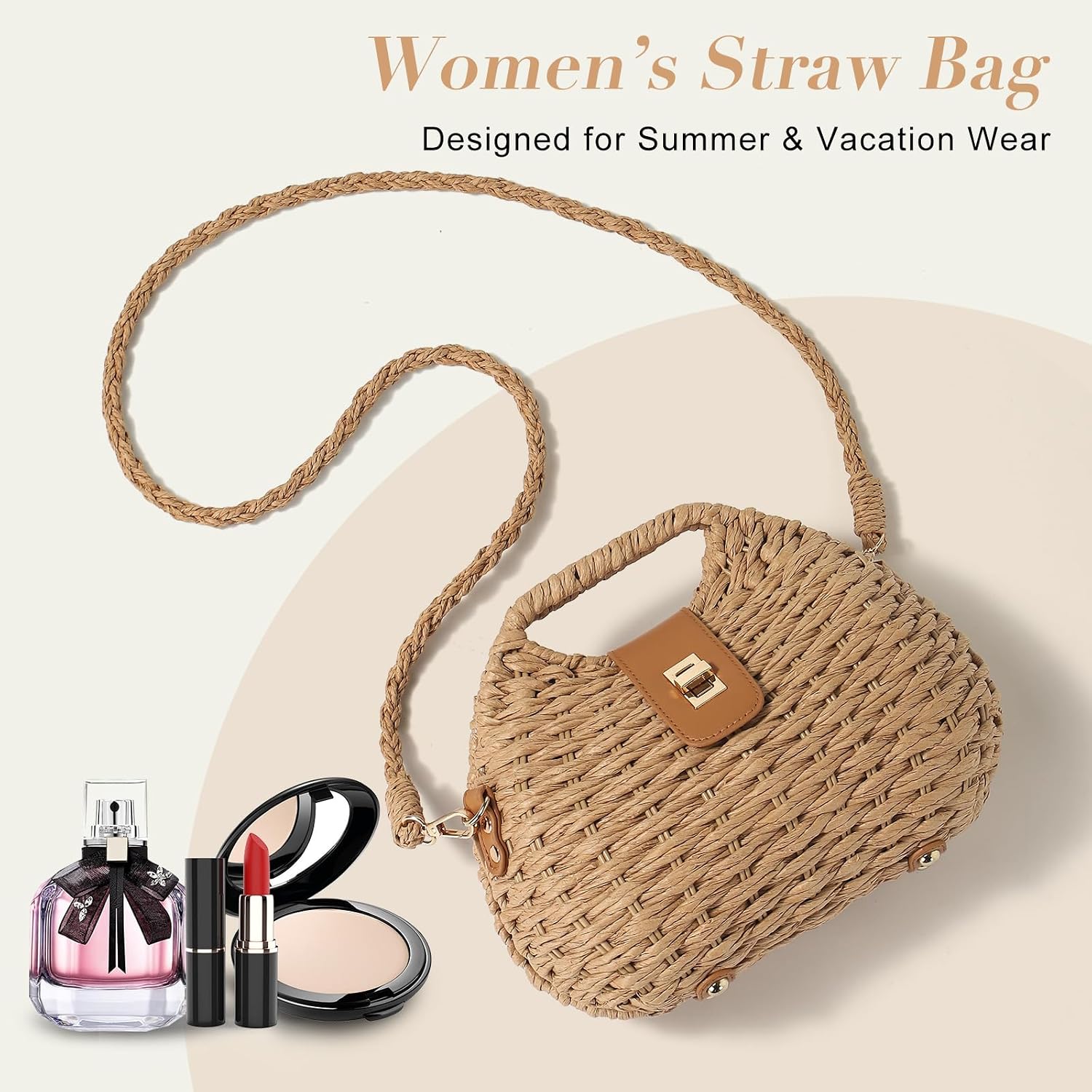 Women's Straw Woven Crossbody Bag with Turn Lock Closure