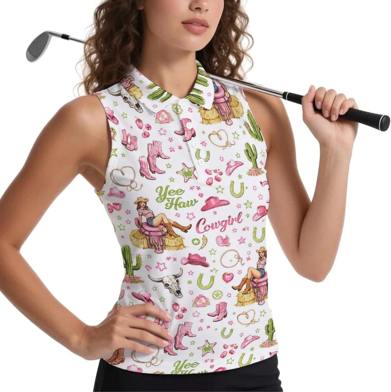Women's Sleeveless Golf Polo Tank Cowgirl Print UPF 50