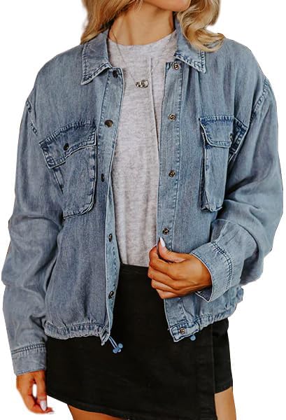 Women's Military Safari Cropped Denim Jackets Button Down Lightweight Oversized Utility Coat with Bellows Pocket