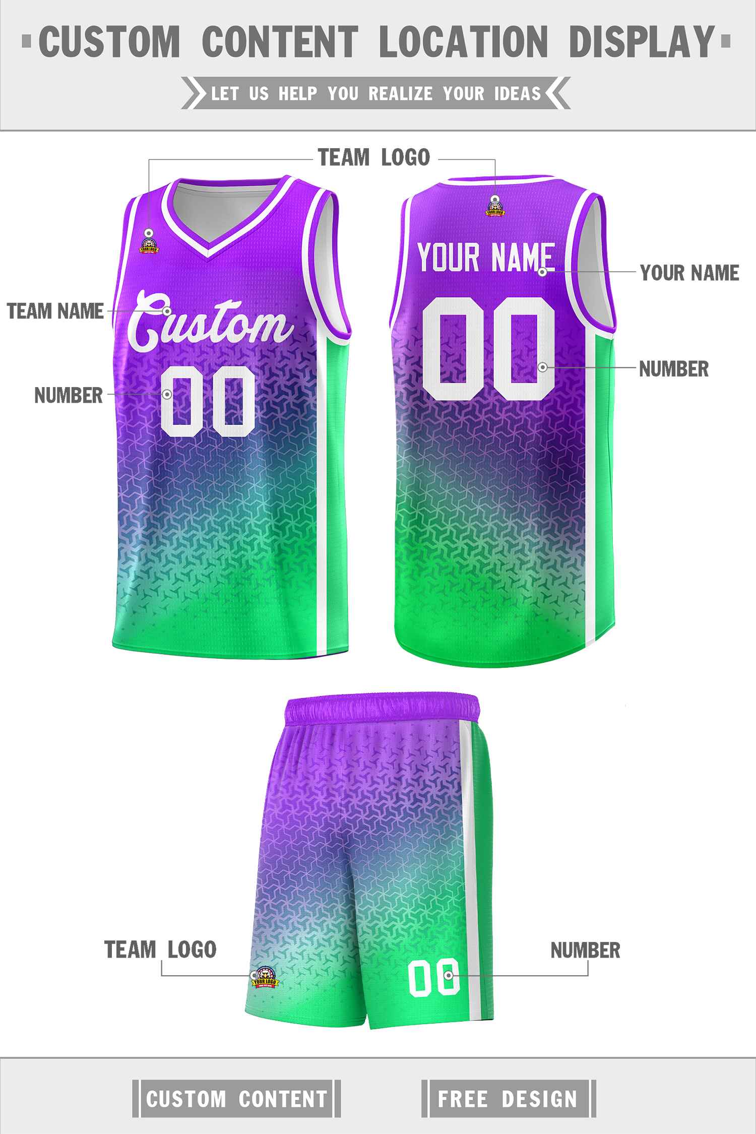 Benutzerdefiniertes fluoreszierendes grünes Farbverlaufsdesign mit unregelmäßigen Formen und Mustern für Sportuniform-Basketballtrikots