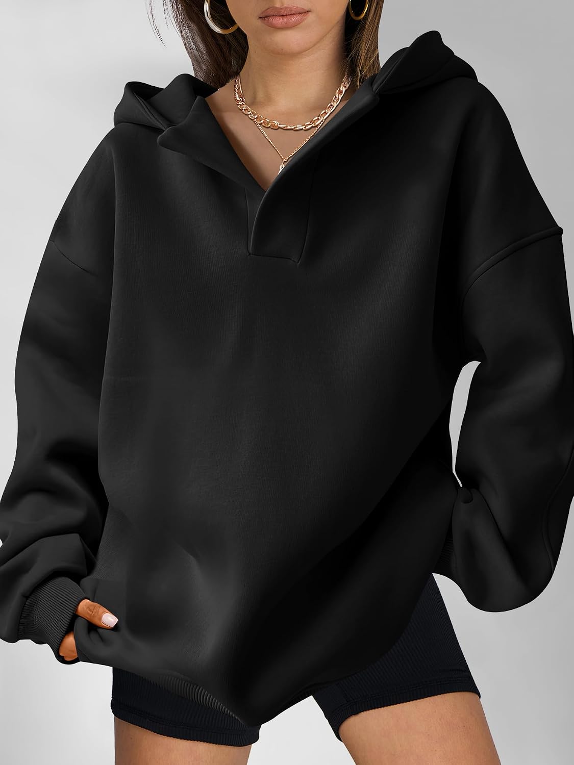 Womens Oversized Hoodies V Neck Sweatshirts Fleece Long Sleeve Pullover Y2K Clothes Fall Trendy Outfits