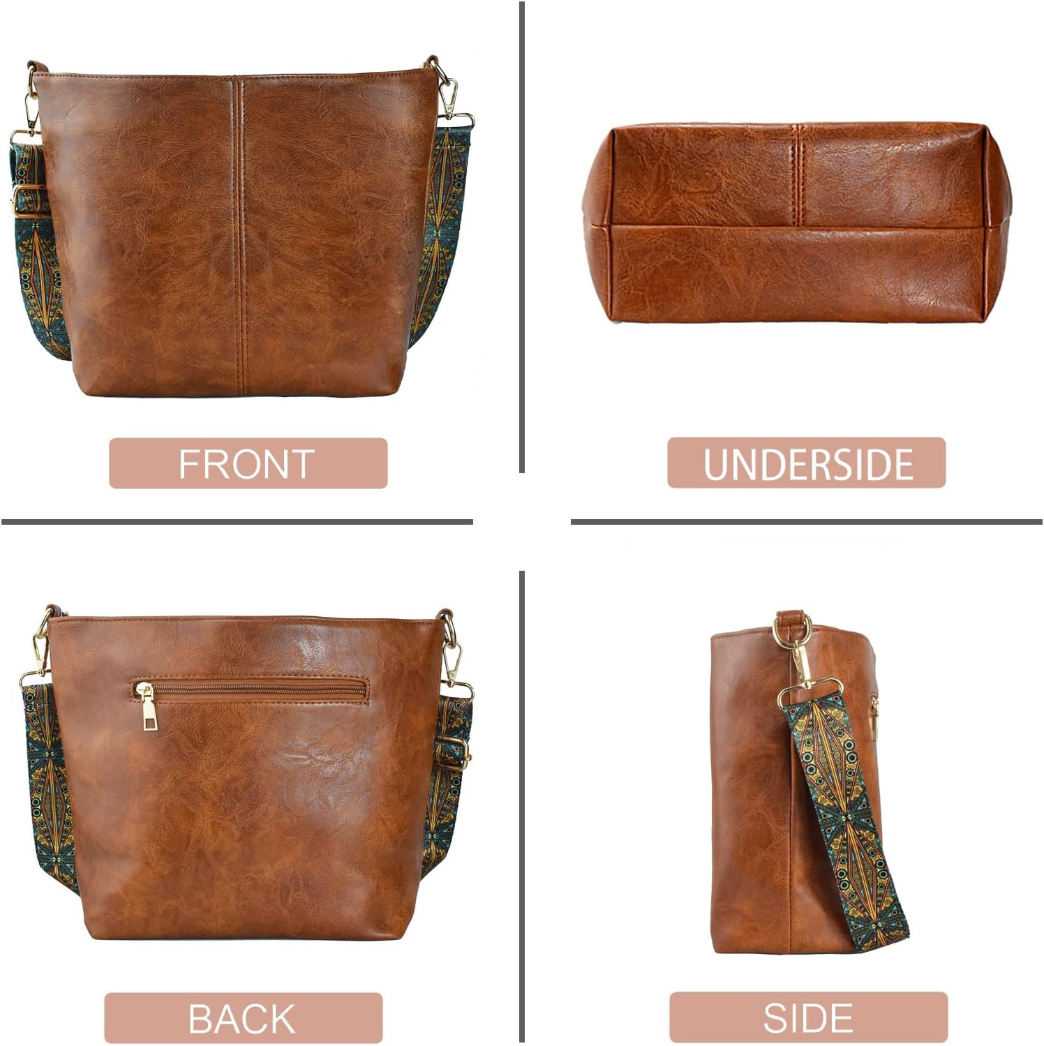 Women's Brown Hobo Crossbody Bag with Boho Guitar Strap