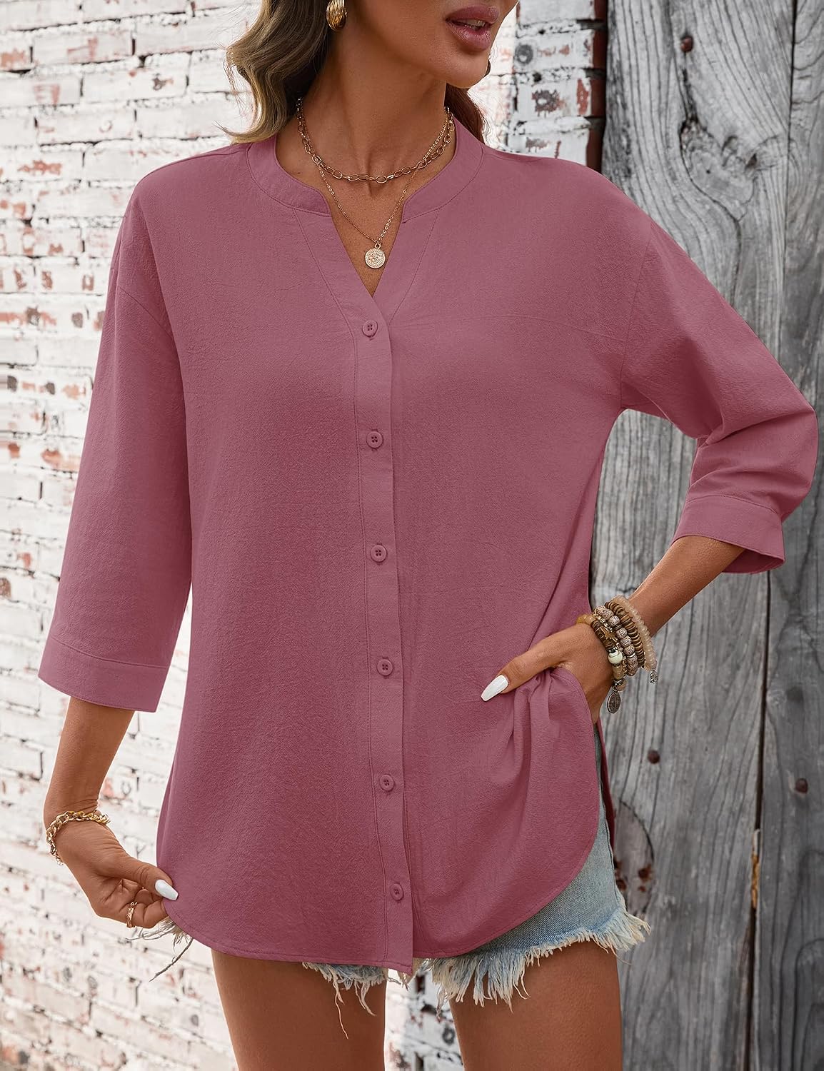 Women's Cotton Linen Shirt 3/4 Sleeve V Neck Rose
