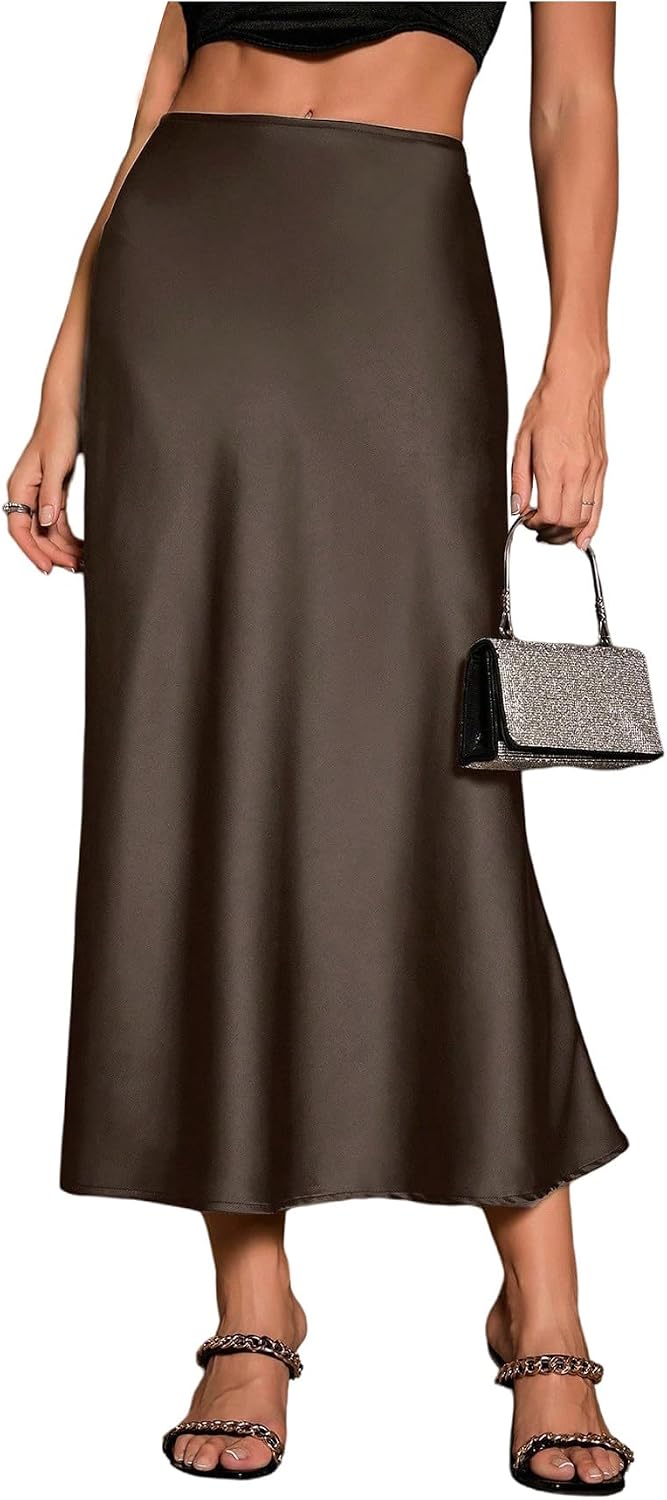 Women's Satin Maxi Skirt High Waist Flowy Brown