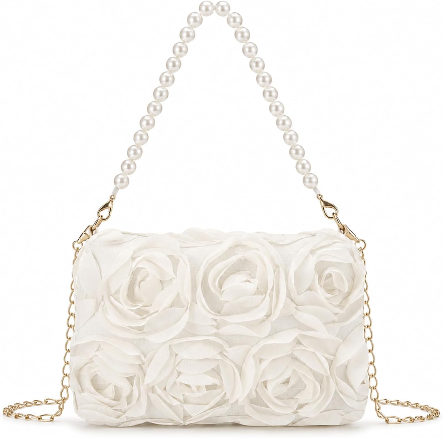 Women's Satin Rosette Clutch with Pearl Handle and Chain