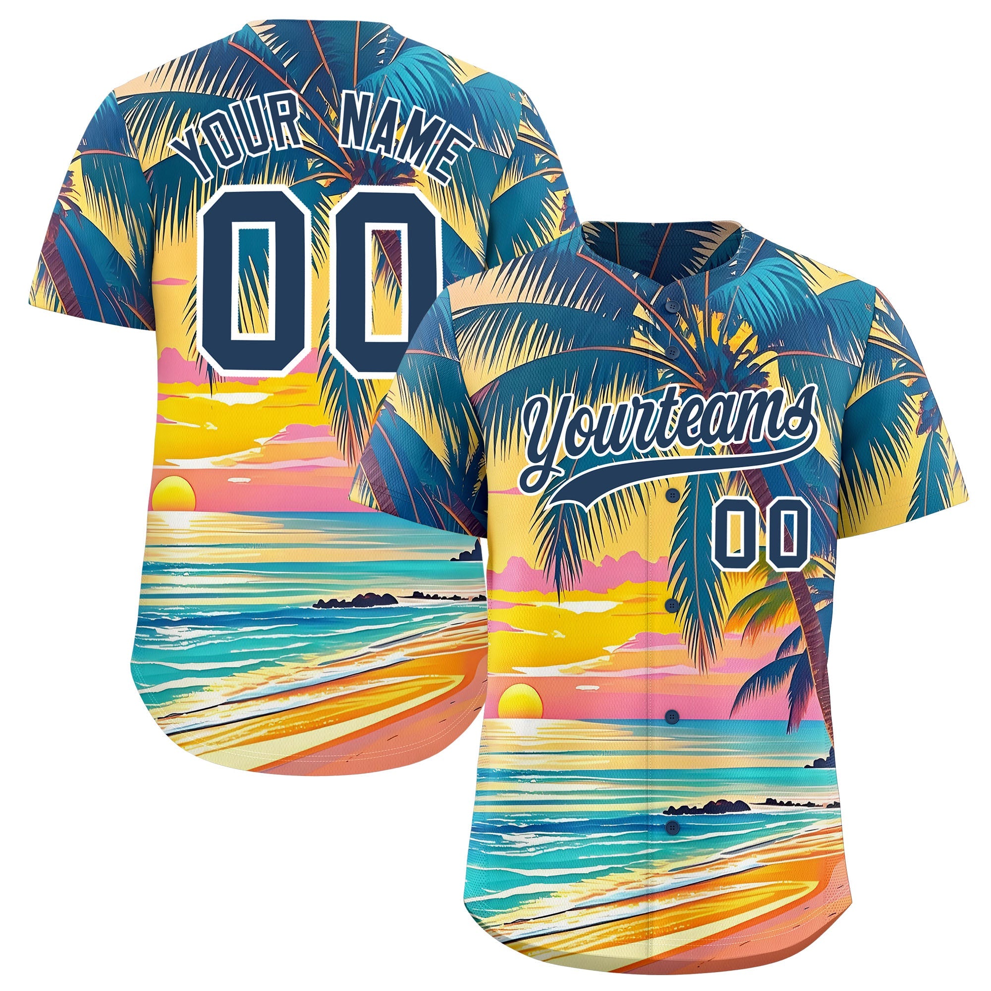 Kundenspezifisches Mitternachtsblau-weißes Palmenmuster-Graffiti-Baseball-Jersey im hawaiianischen Stil