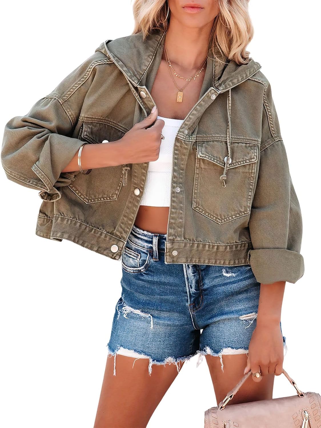 Women's Fall Boyfriend Denim Hoodies Casual Long Sleeve Button Down Crop Jean Jacket with Pockets