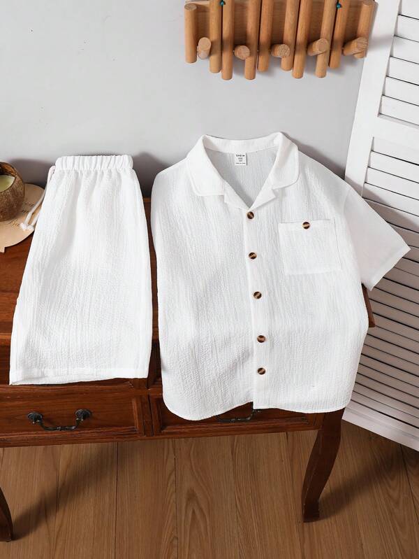 Teilweise Outfits für Teenager und Jungen, lässig, Sport, College-Kunst, Vintage-Stil, strukturierter Stoff, aufgesetzte Taschen, verziertes Revers, Hemd und Shorts, Outfit für Kinderkleidung, Kleidung für Kleinkinder, Jungen, Schulanfang, Jungen-Outfit, 