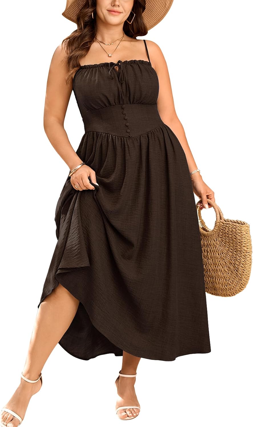 Plus Size Summer Dress Spaghetti Strap Sleeveless Boho Casual Sundress Beach Denim Dresses with Pockets