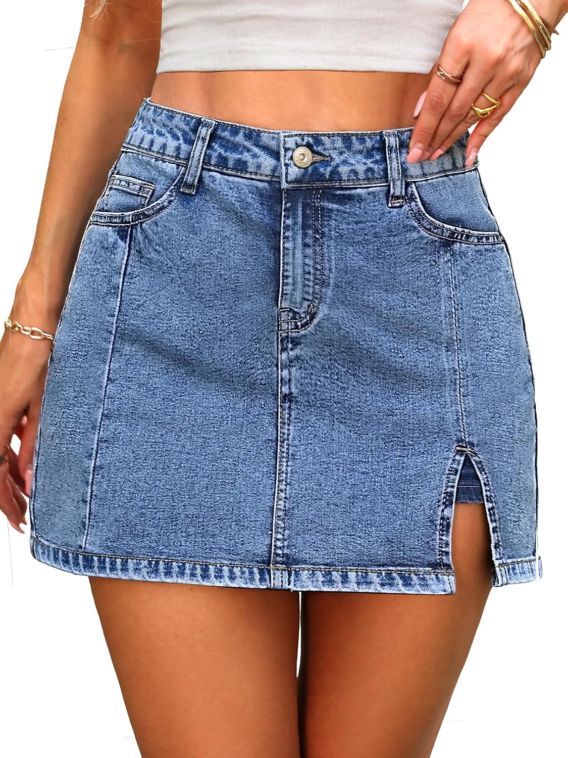 Women's High Waisted Denim Skort Side Slit Blue
