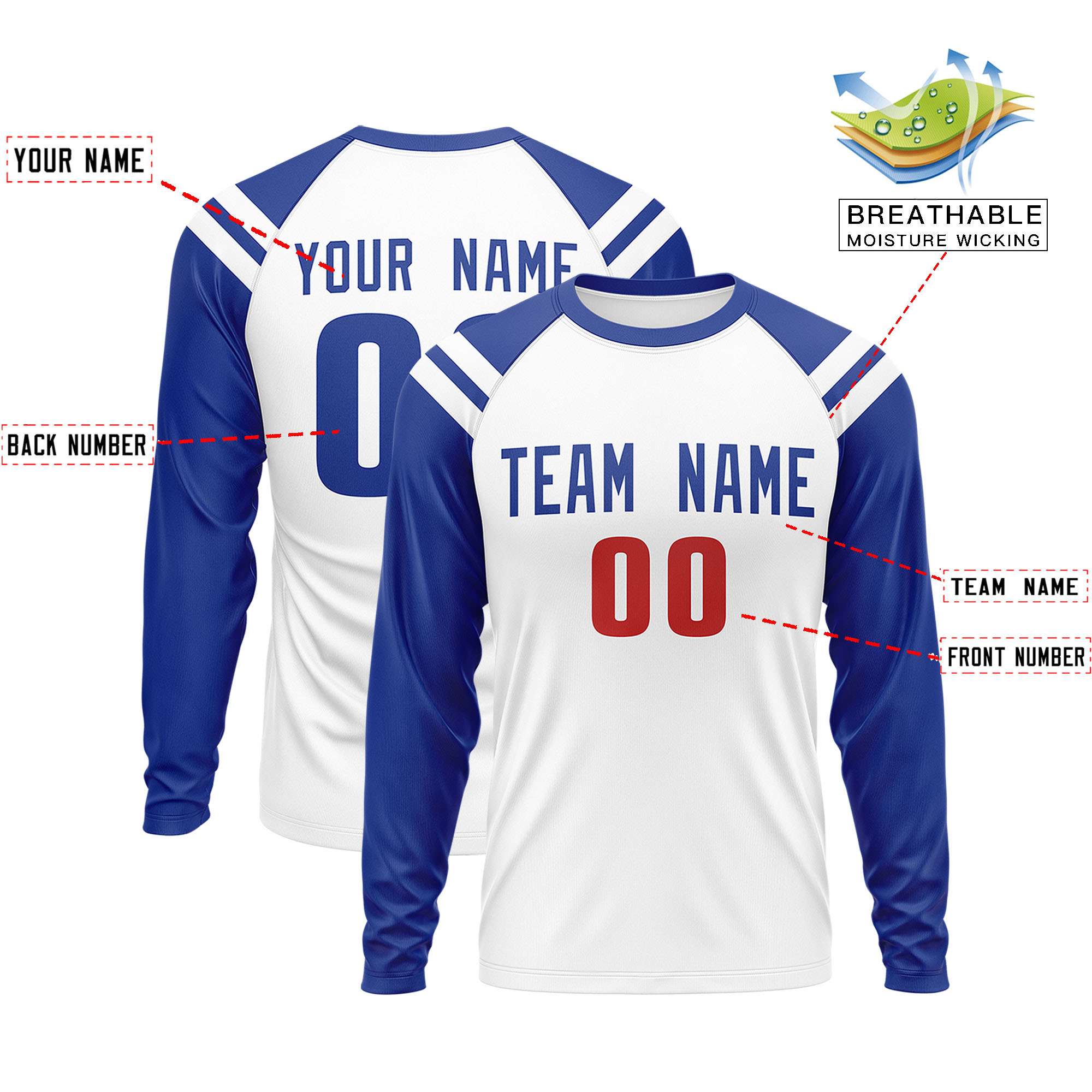 Personalisiertes Raglan-Langarm-Performance-T-Shirt mit individuellem Rundhalsausschnitt