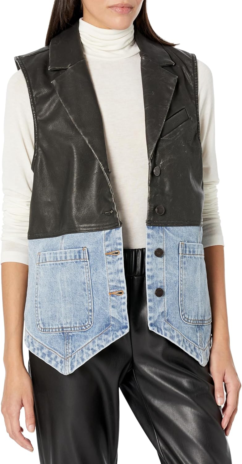 Women's Two Tone Vest Vegan Leather Denim Button Front